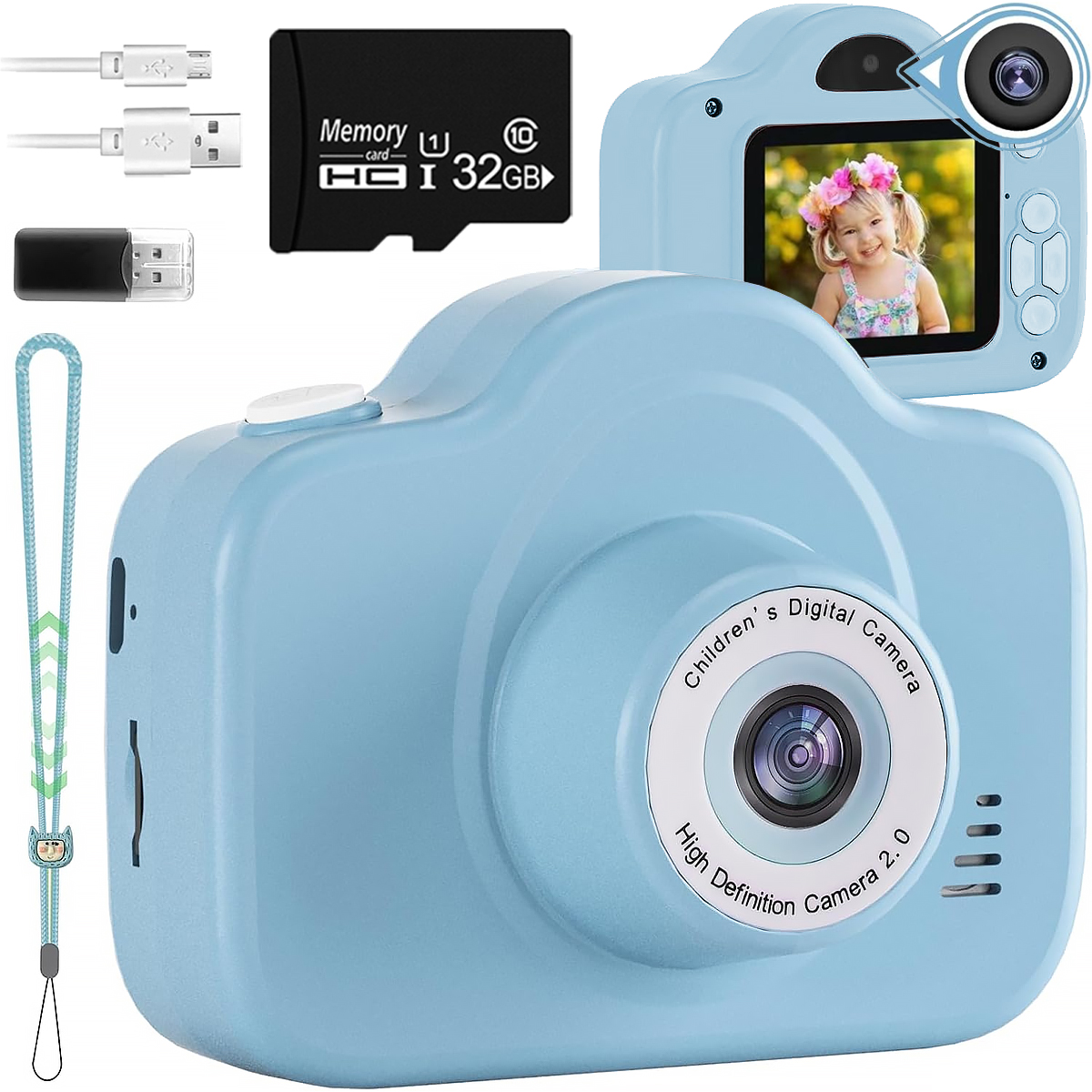 Fotocamera digitale per bambini azzurra con schermo che mostra una bambina.
