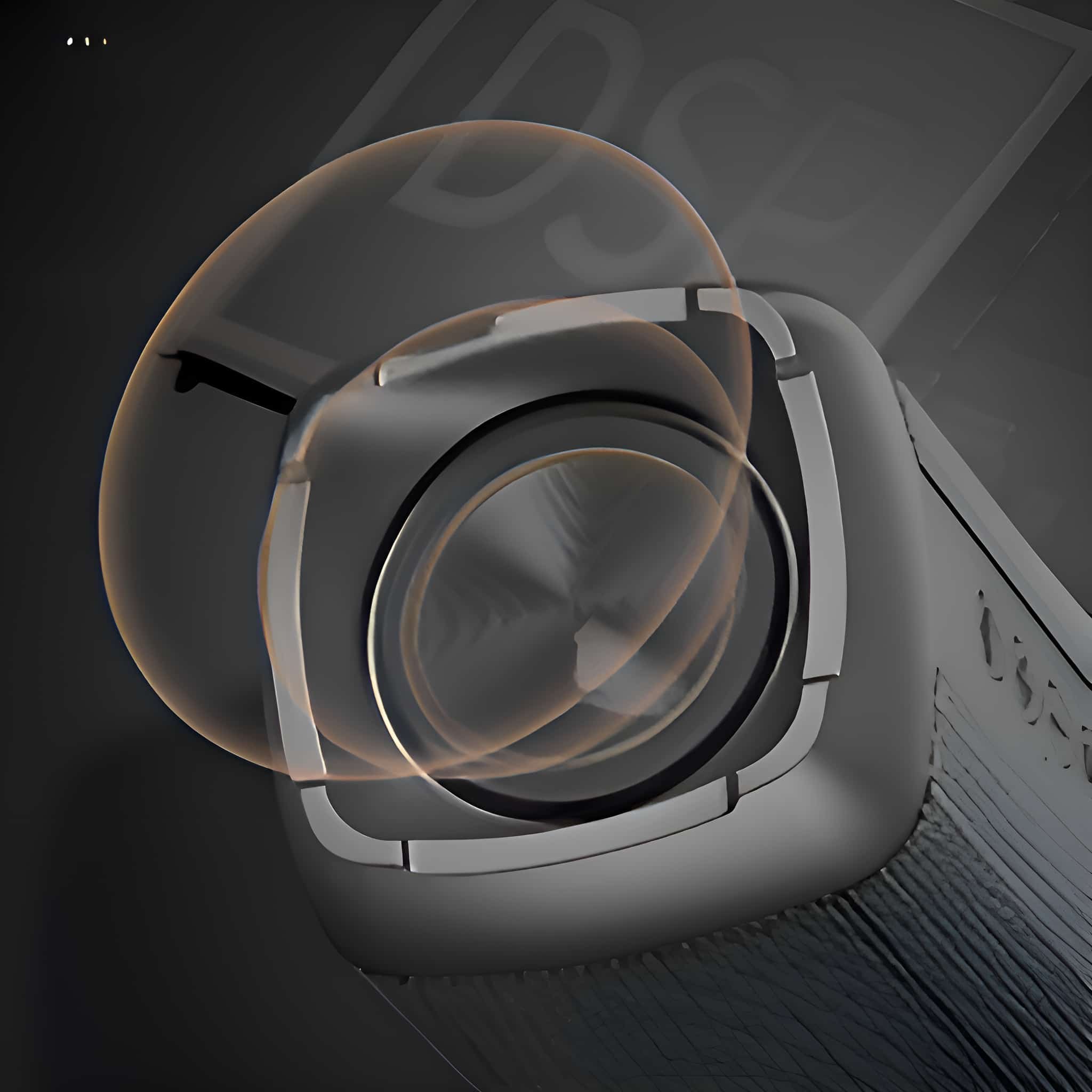 Lautsprecher mit dynamischem Audioeffekt. Der Lautsprecher ist dunkelgrau und hat ein Metallfinish.