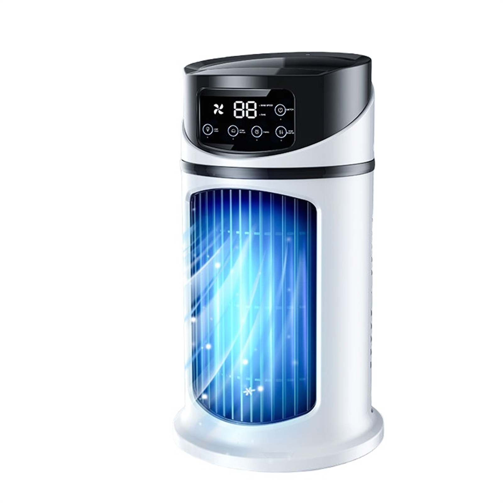 Weißer und schwarzer Luftkühler mit Digitalanzeige, blauer Lichteffekt. Schwarzer Deckel, weißer Körper.
