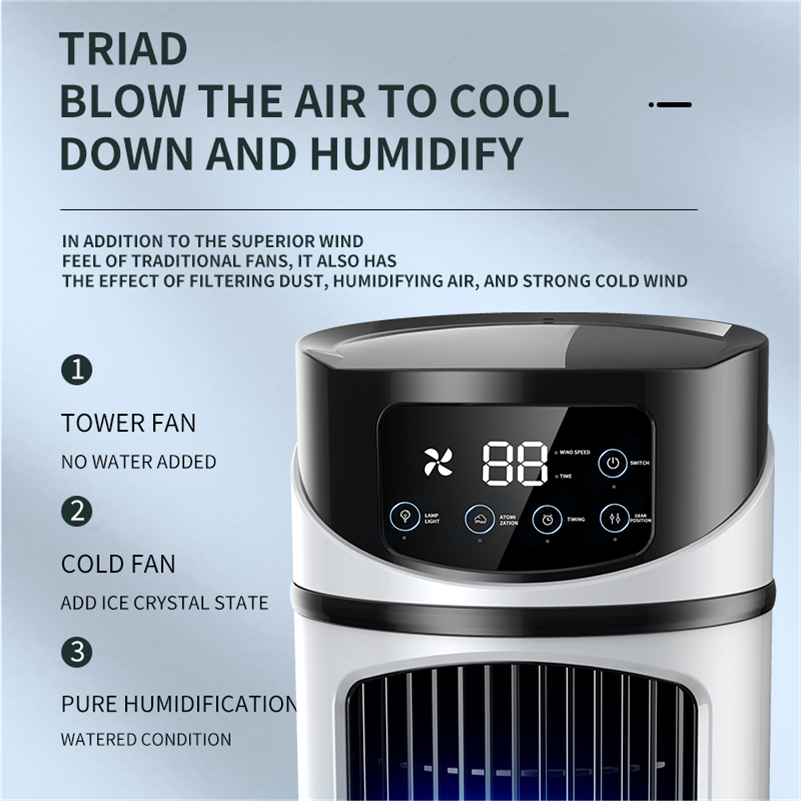 Kühlventilator mit Digitalanzeige. Text: 'TRIAD BLOW THE AIR TO COOL DOWN AND HUMIDIFY'.