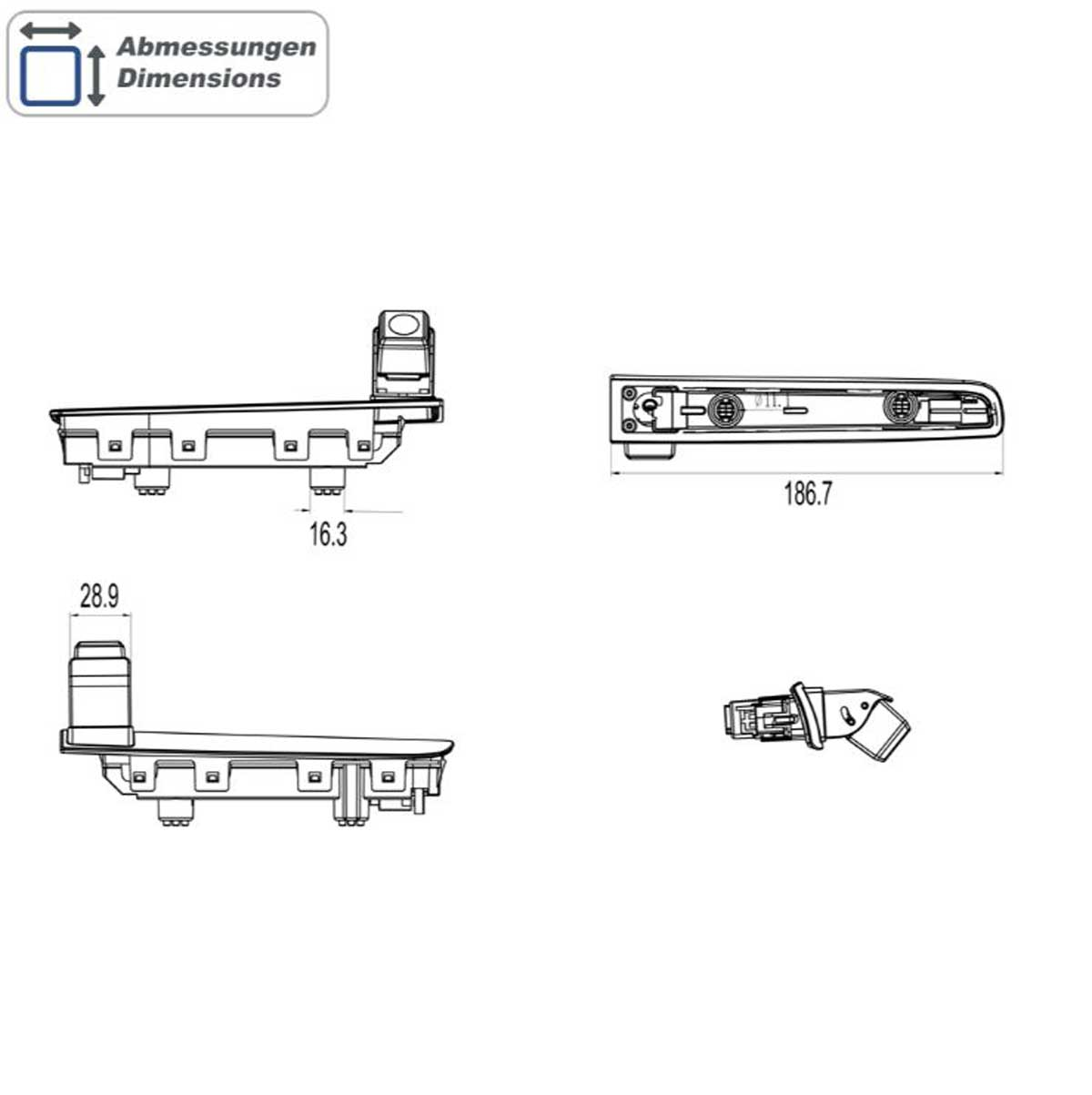 Technische Zeichnung mit vier Ansichten einer mechanischen Komponente. Die Abmessungen sind angegeben: 16,3, 28,9 und 186,7. Weißer Hintergrund.