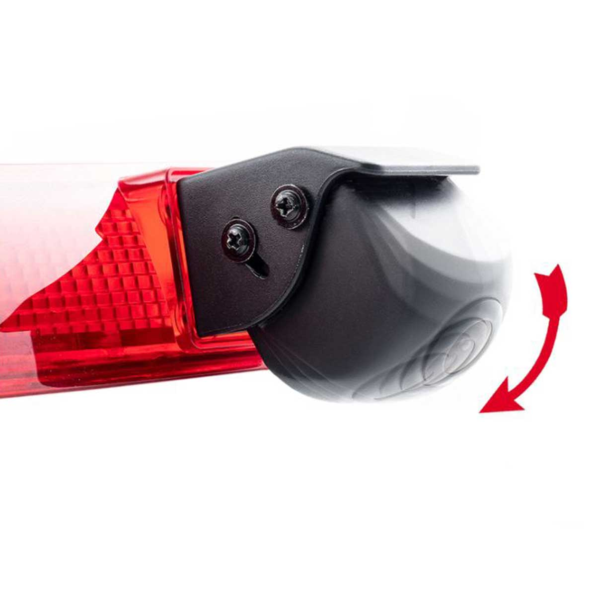Nahaufnahme einer schwarzen Autokamera mit rotem Pfeil nach unten. Auf der linken Seite leuchtet ein rotes Licht. Schrauben sind sichtbar.
