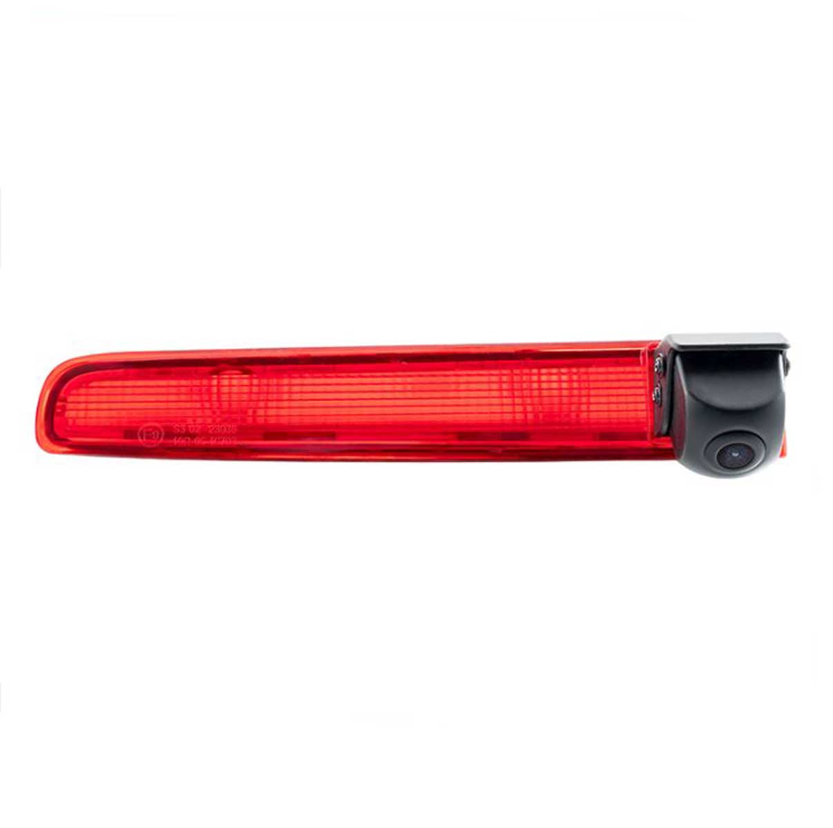 Ein rotes Bremslicht mit angebrachter Kamera. Das Licht ist lang und rechteckig. Die Kamera ist schwarz und klein.