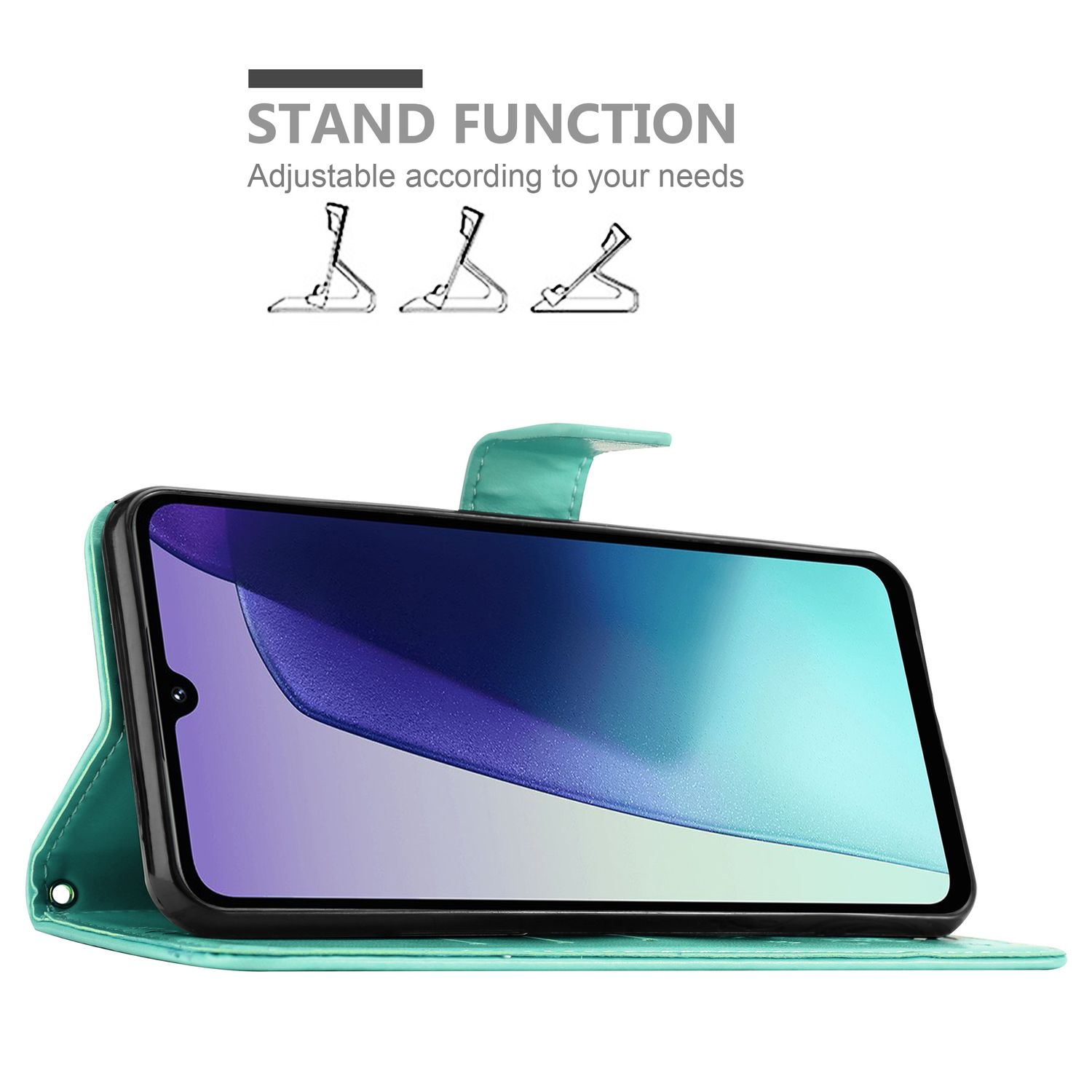 Türkisfarbene Handyhülle mit Telefon. Text Standfunktion. Drei Ständeroptionen werden gezeigt.