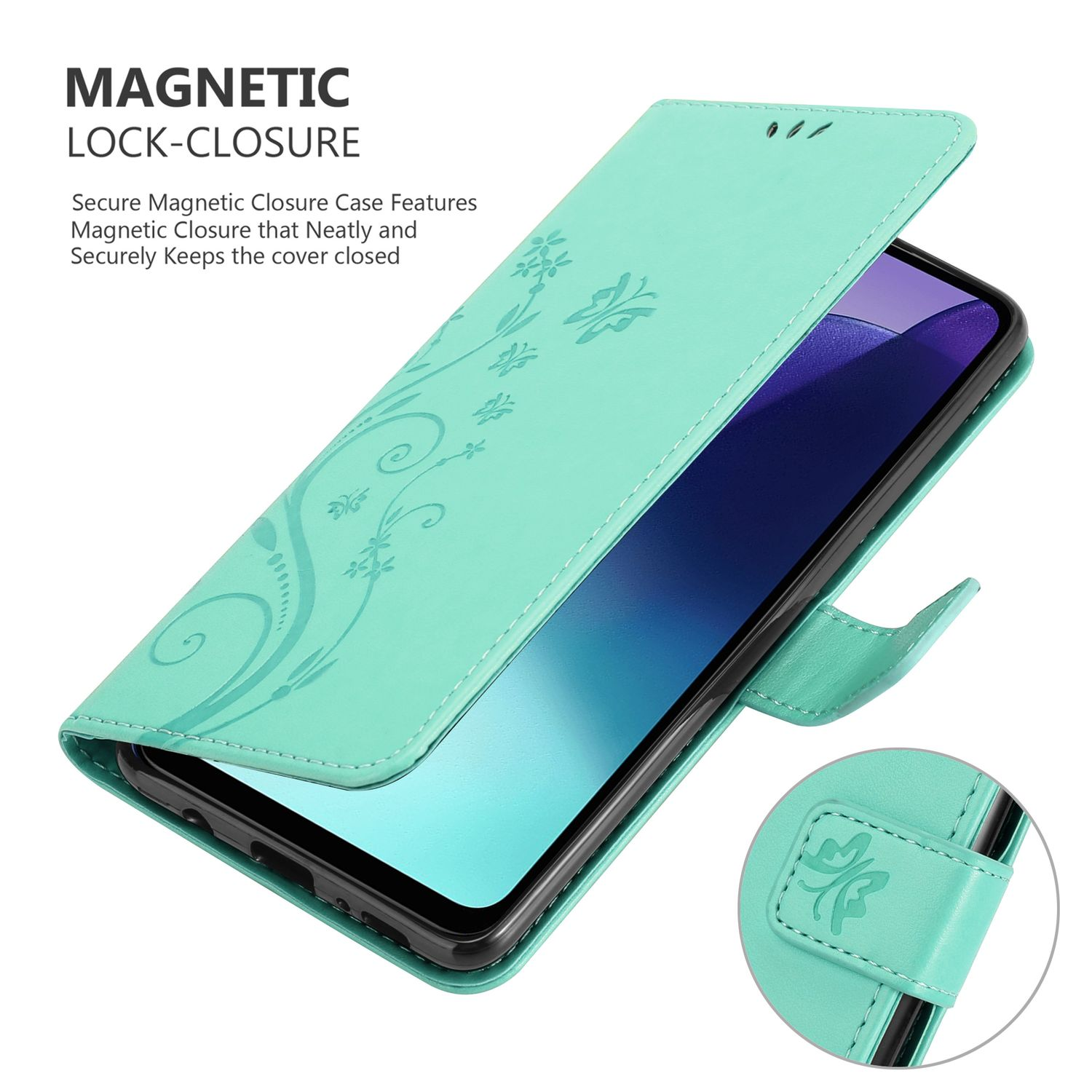 Geöffnete türkisfarbene Handyhülle, die ein Telefon mit Blumendesign zeigt.