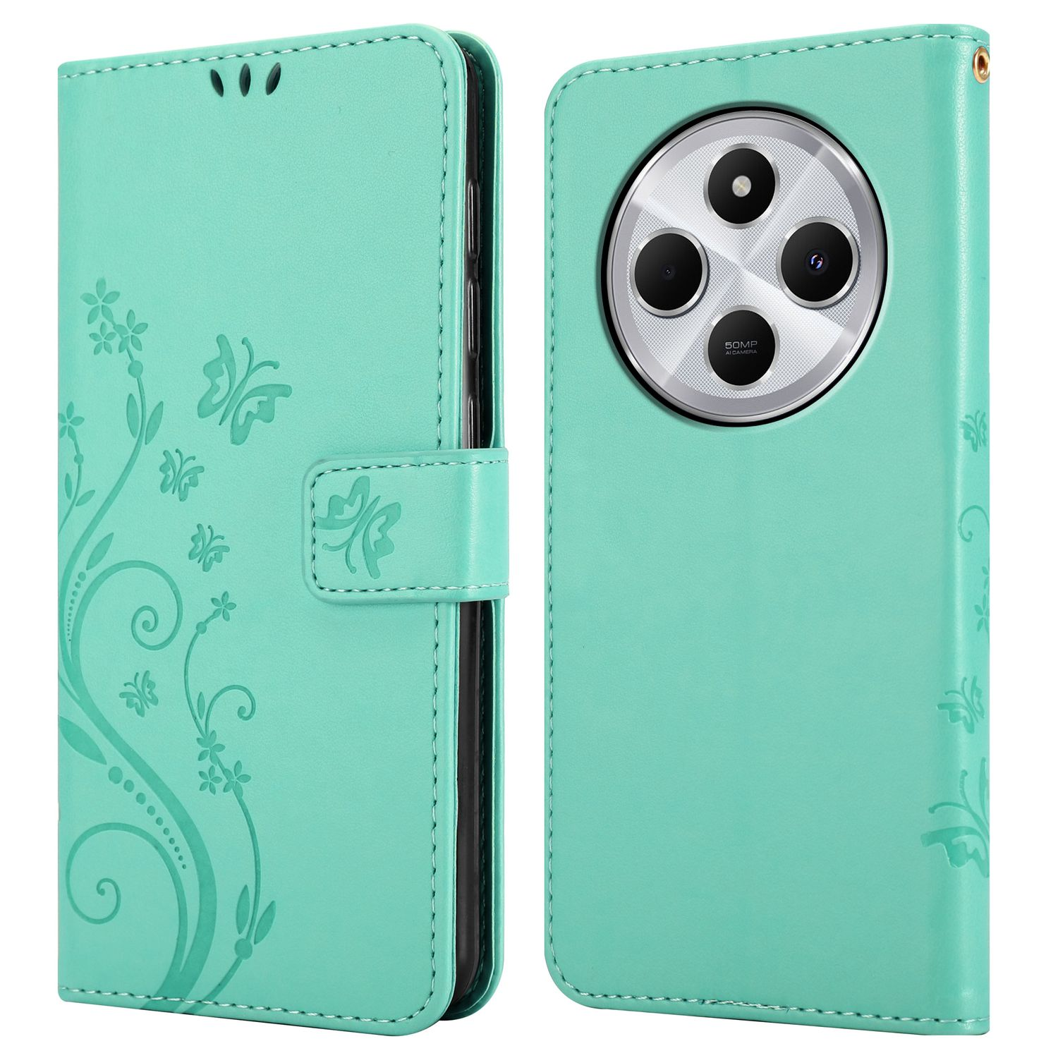 Eine türkisblaue Handyhülle, geöffnet, mit einem Telefon darin. Blumen- und Schmetterlingsmuster sichtbar. Die Rückseite.