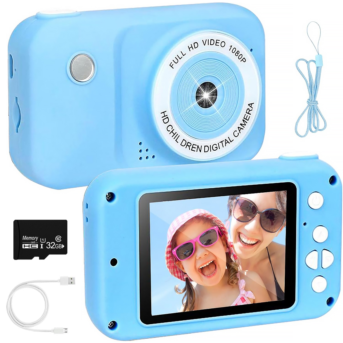 Fotocamera digitale blu per bambini, con schermo che mostra una foto di madre e figlio.