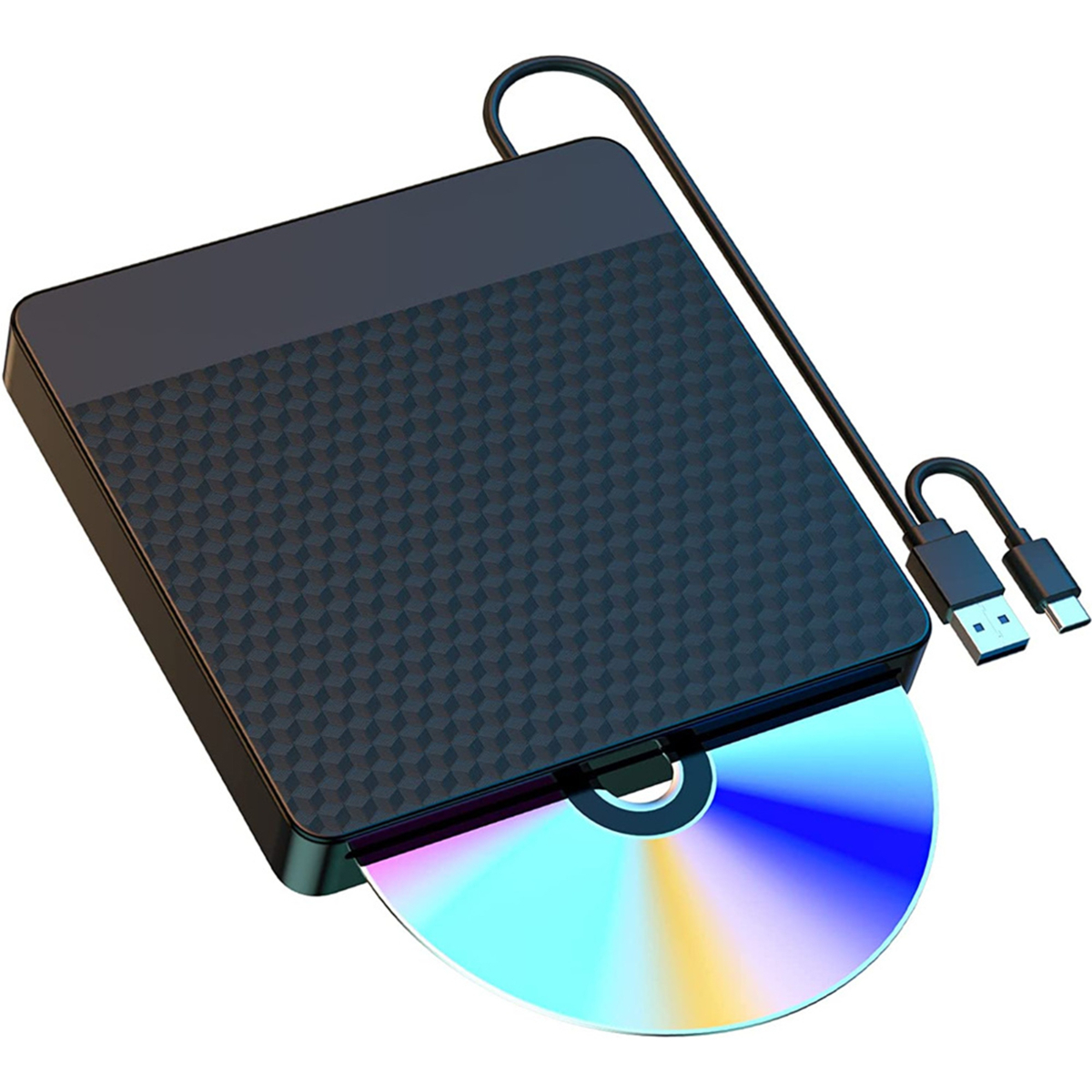 Ein schwarzes externes DVD-Laufwerk mit angeschlossenem USB-Kabel. Eine CD ist teilweise eingelegt.
