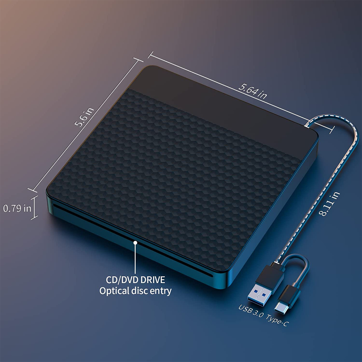 Ein schwarzes CD/DVD-Laufwerk mit USB-Kabel, Abmessungen angegeben.