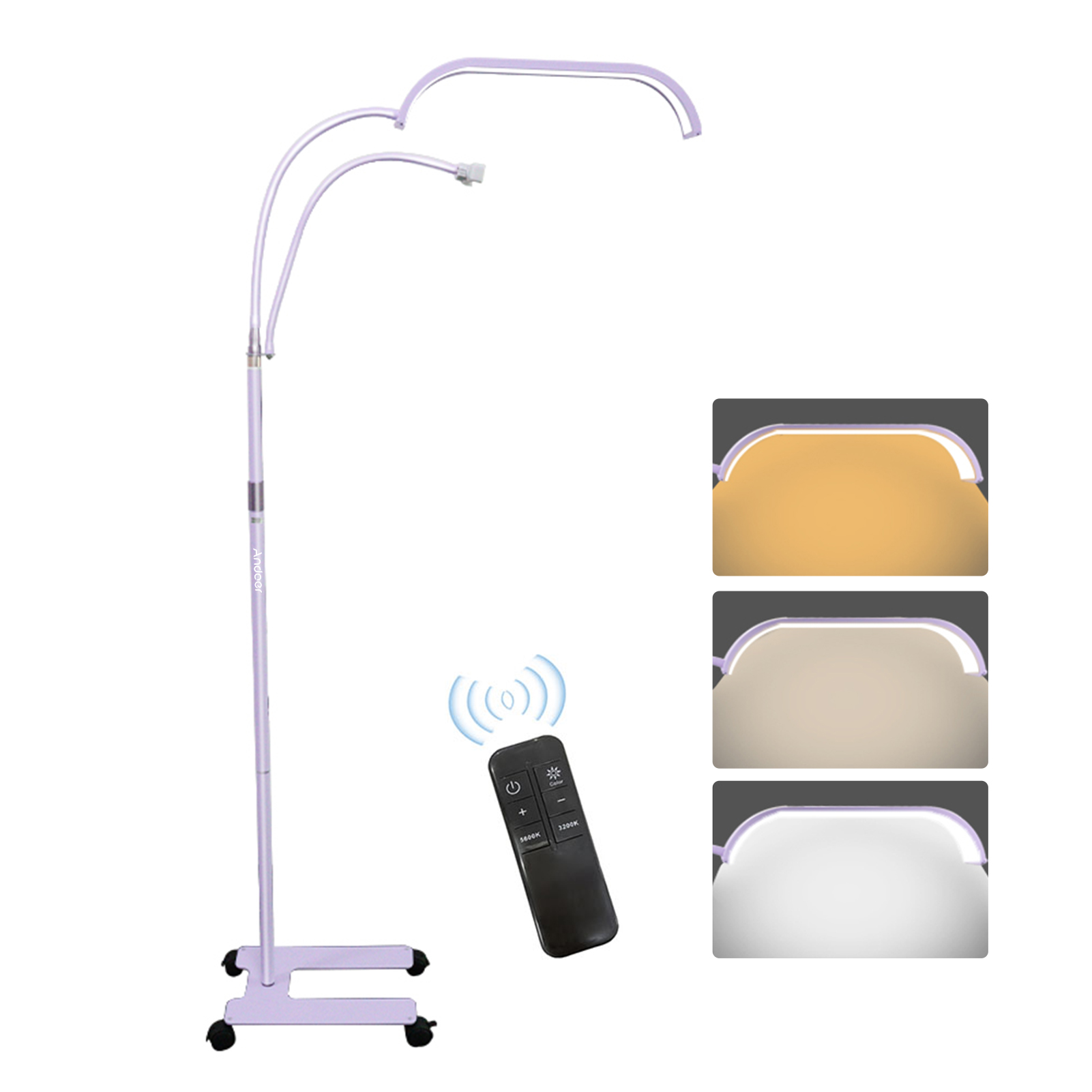 Eine lavendelfarbene Stehlampe mit verstellbaren Lichtern, Fernbedienung und Lichtfarboptionen.