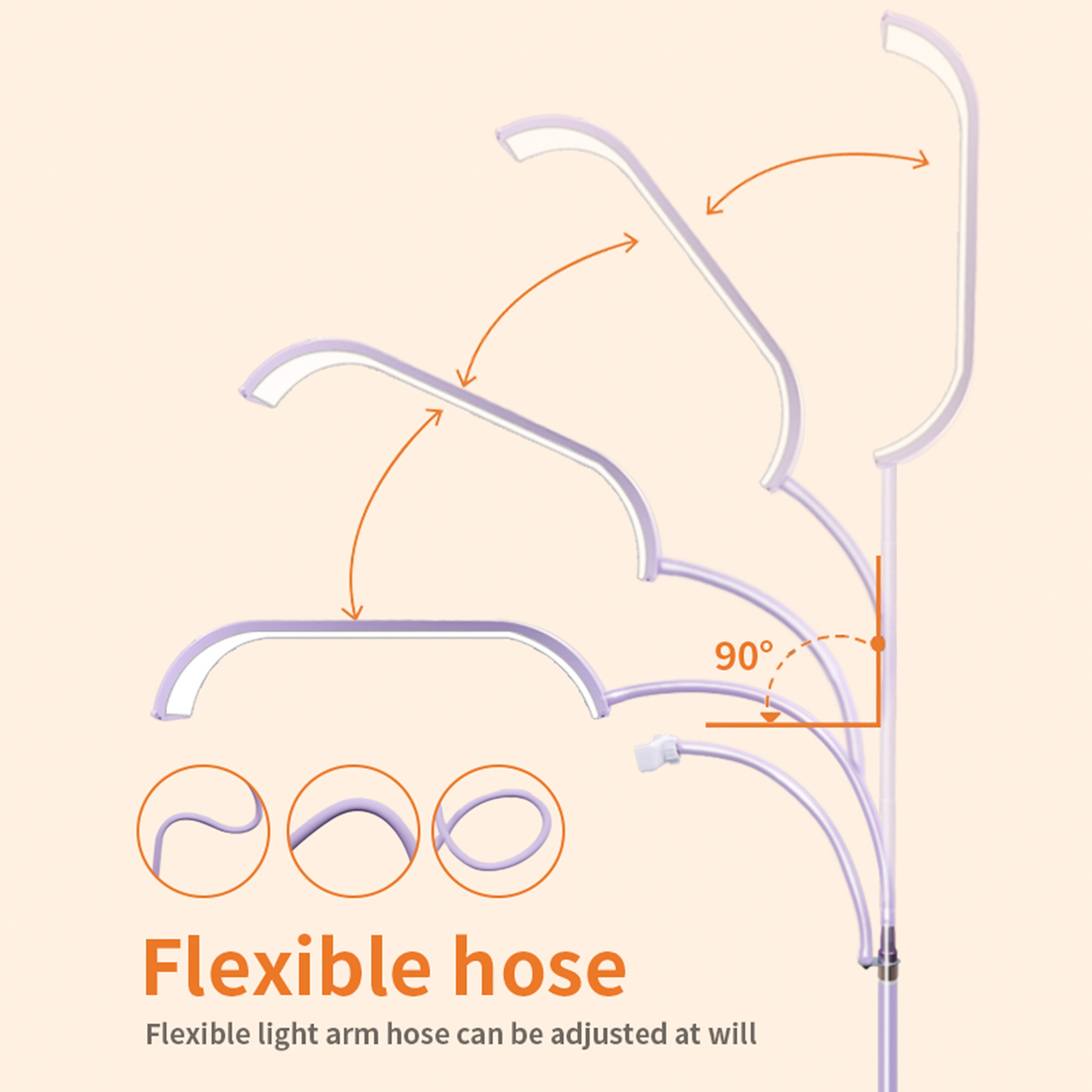 Eine flexible Lampe mit verstellbarem Arm. Das Diagramm zeigt den Arm, der sich in 90-Grad-Winkeln biegt.
