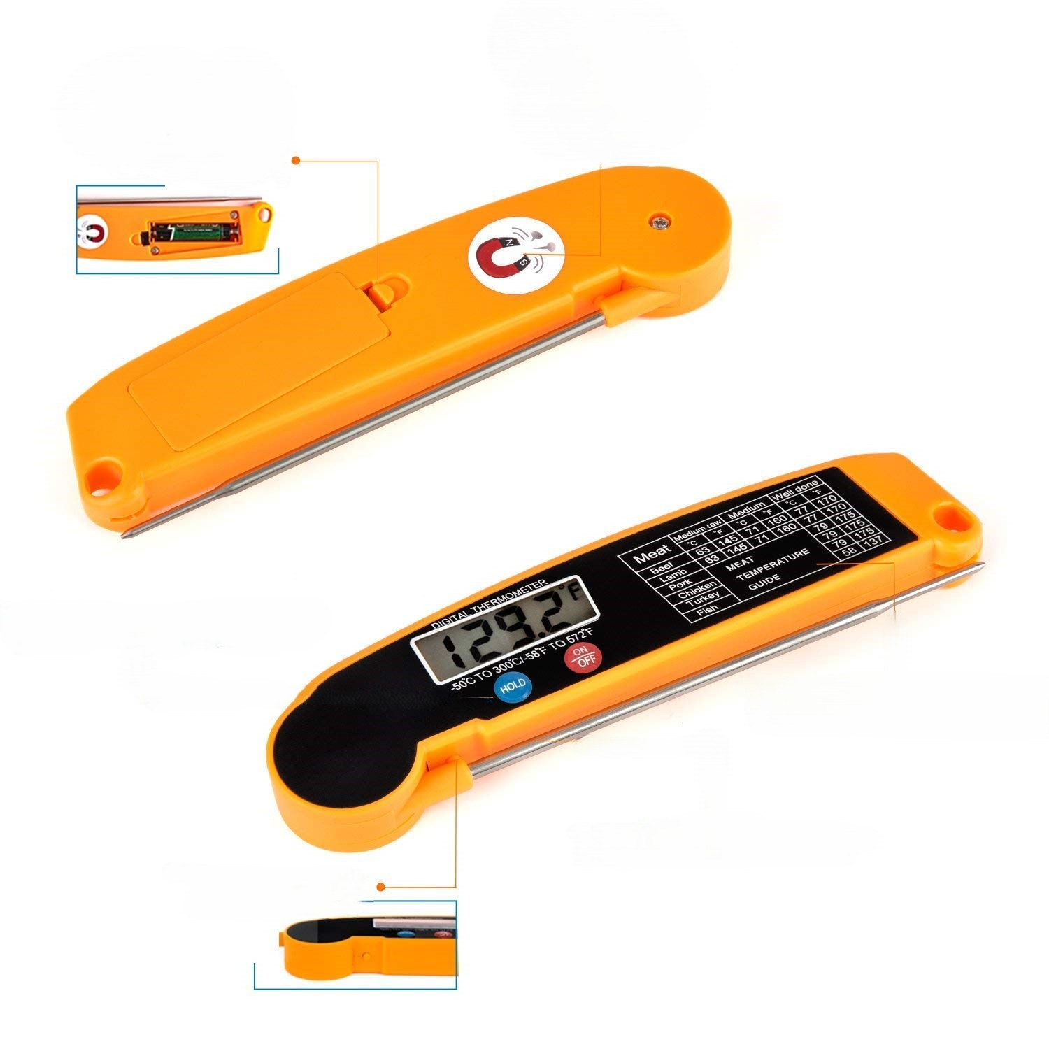 Zwei orangefarbene digitale Thermometer mit Display und Details zu einer Fleischtemperaturübersicht.