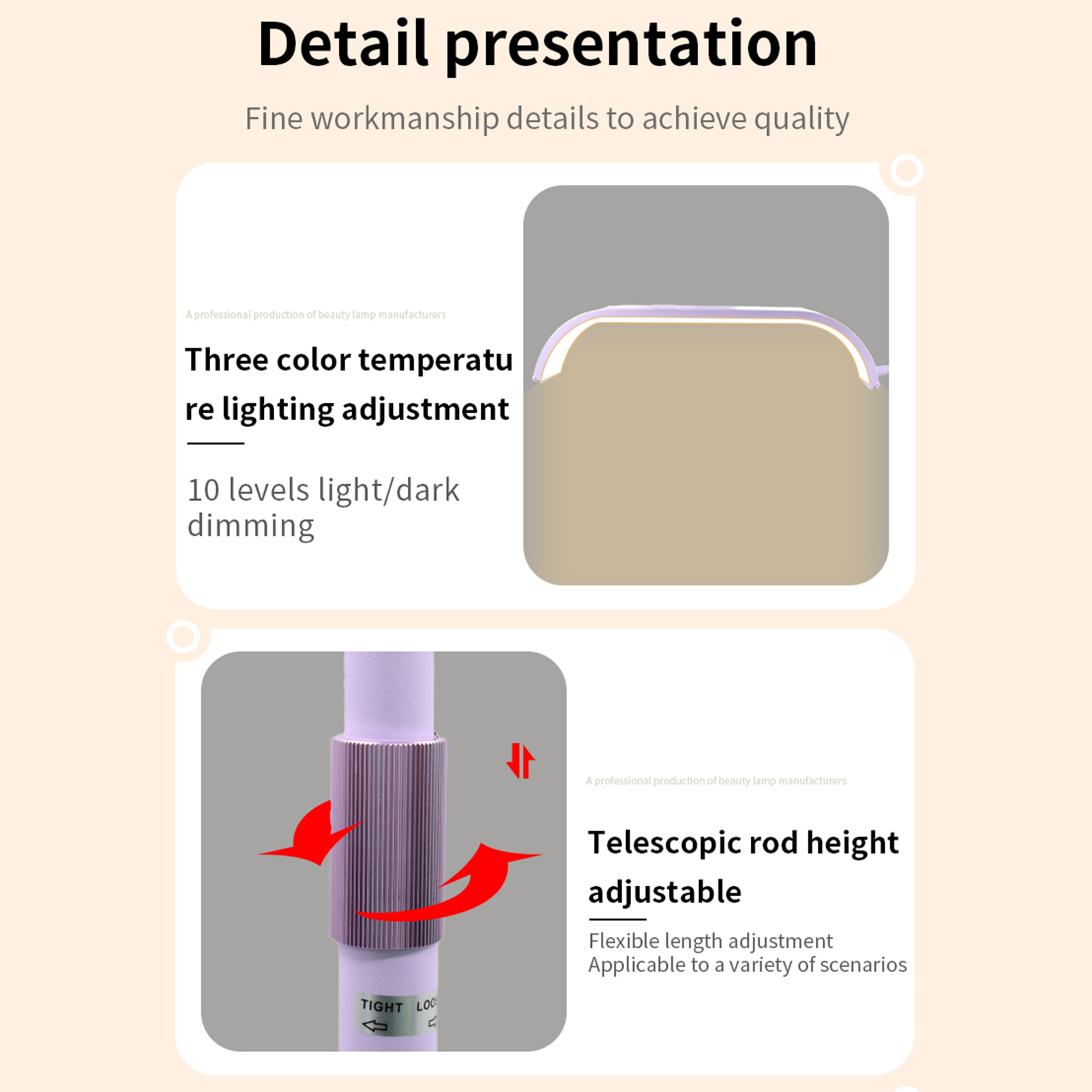 Bild, das einstellbare Funktionen beschreibt. Dreifarbige Temperatureinstellung und teleskopische Stangenhöhenverstellung.
