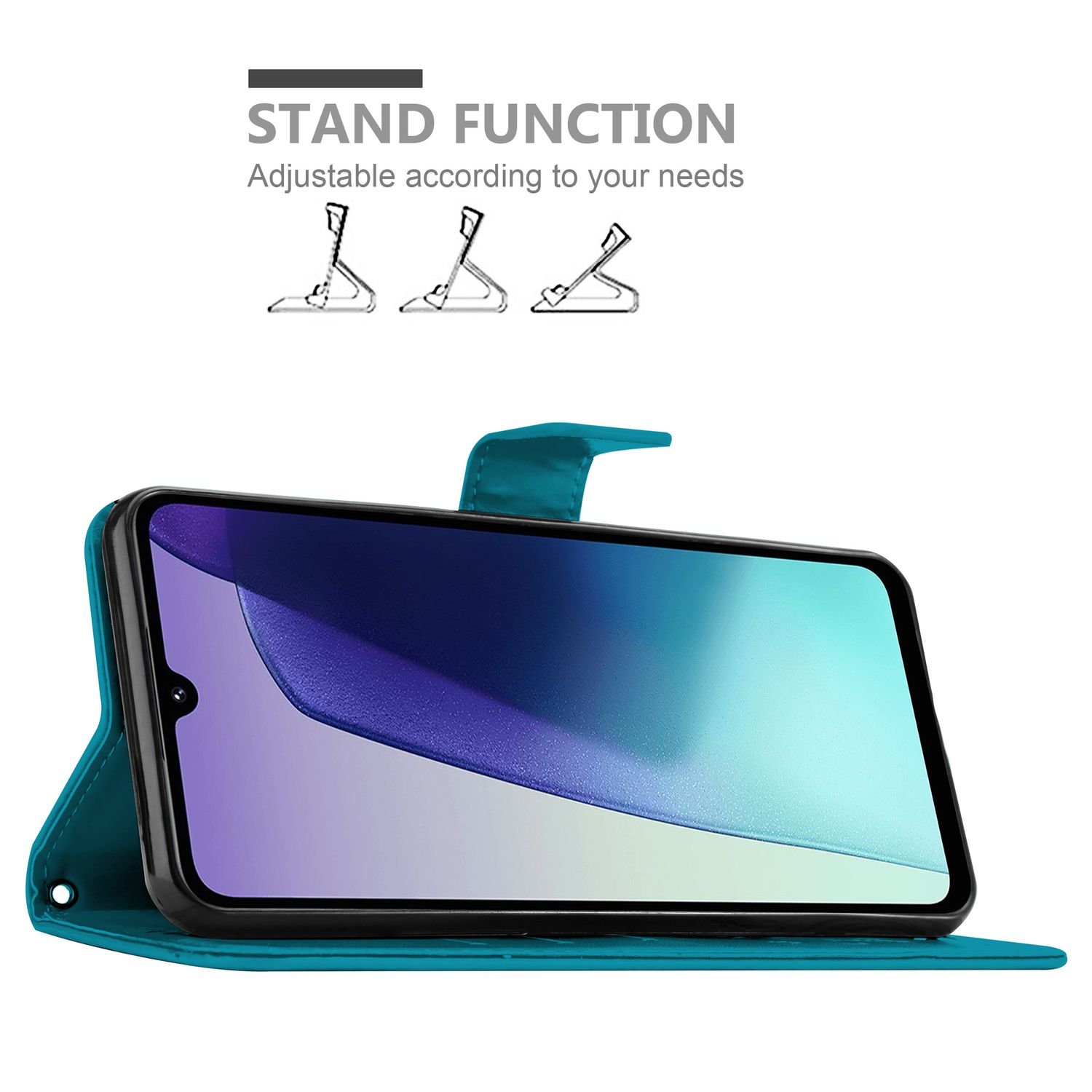 Eine tealfarbene Handyhülle mit einem Telefon darin. Es demonstriert eine Standfunktion mit drei möglichen Positionen.