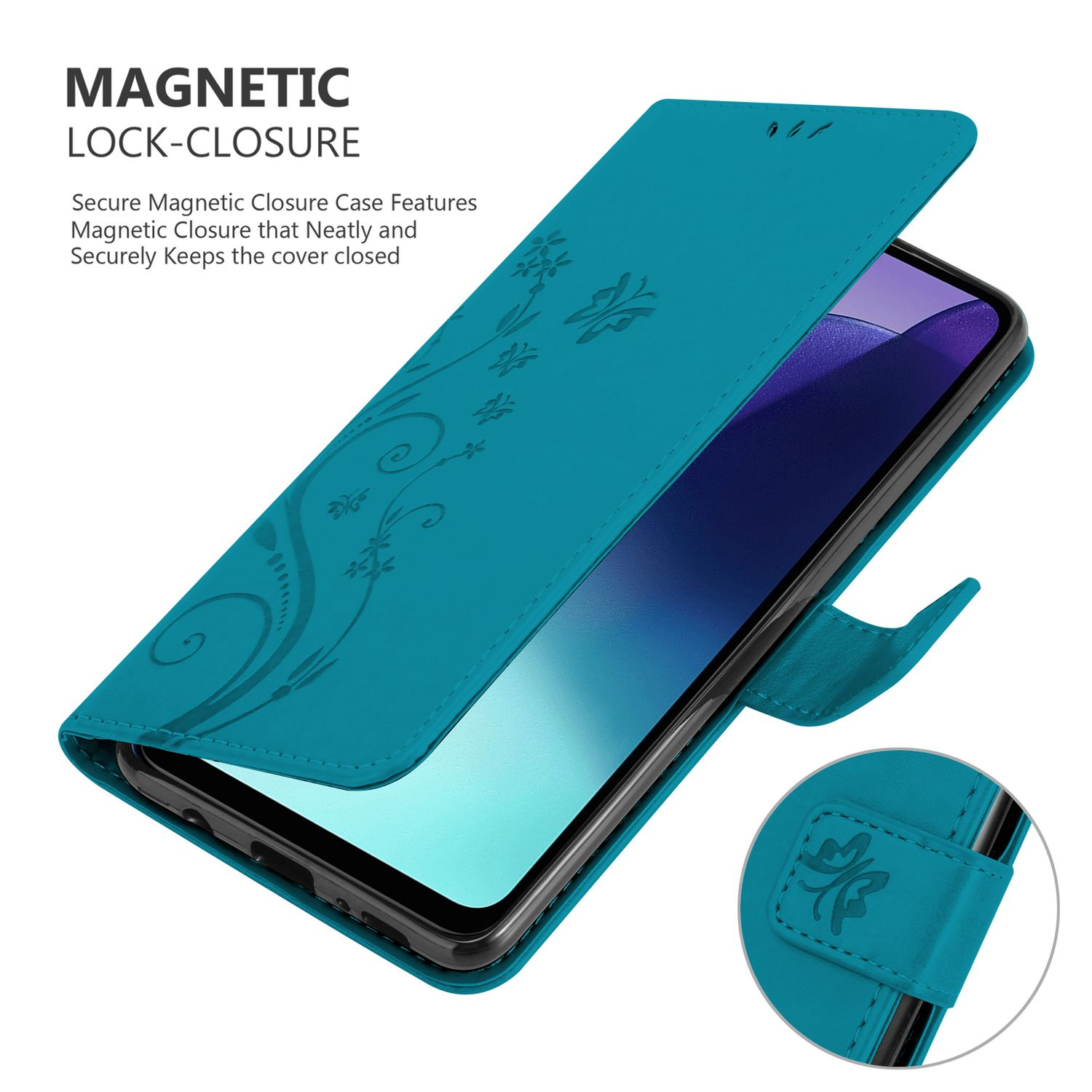 Türkisfarbene Handyhülle mit Blumendesign, geöffnet, zeigt ein Telefon darin.