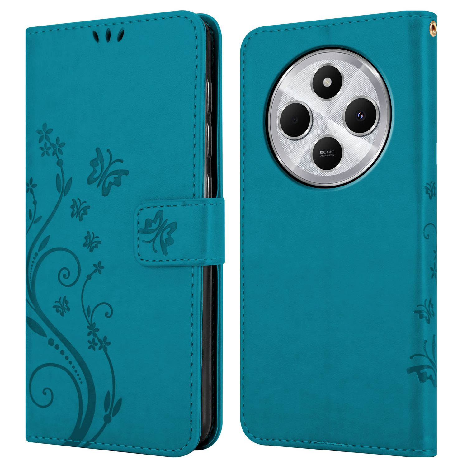 Türkisfarbene Handyhülle mit Blumendesign und Schmetterlingsmotiven. Geöffnet, Telefon zeigend.