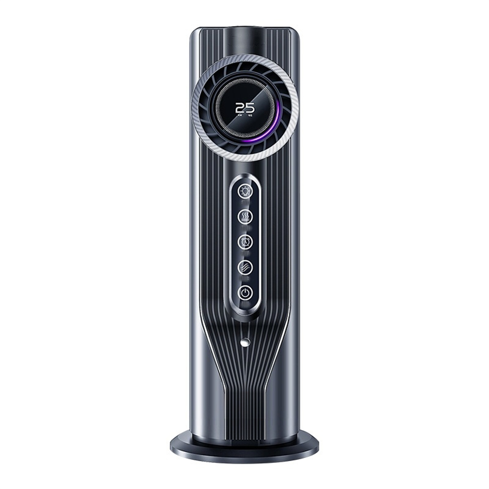 Hoher, schwarz-silberner Ventilator mit digitaler Anzeige oben und Bedienknöpfen. Hat einen kreisförmigen Fuß.