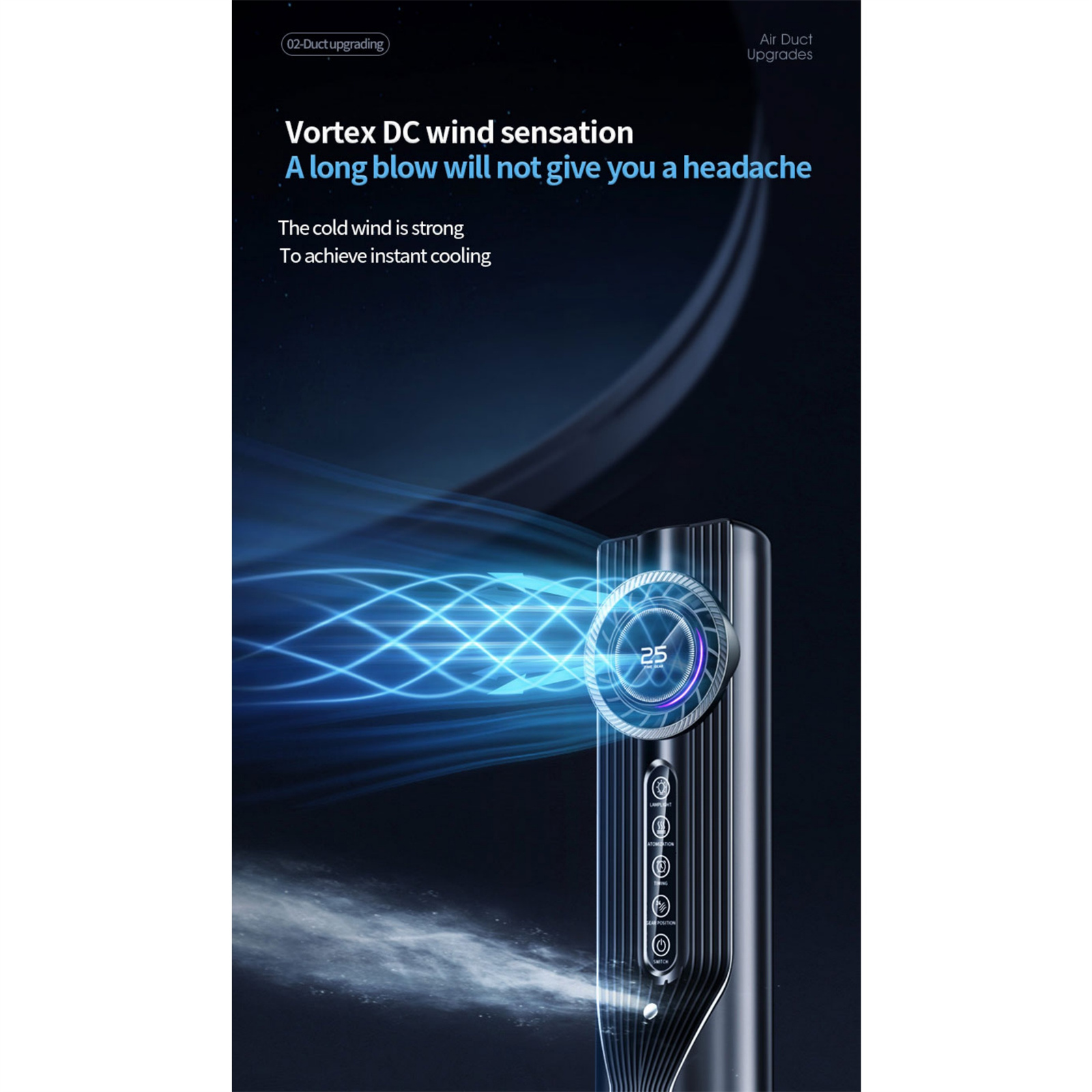 Schwarzer Turmventilator mit digitaler Anzeige, der kühle Luft ausstößt. Text: Vortex DC Wind Sensation.