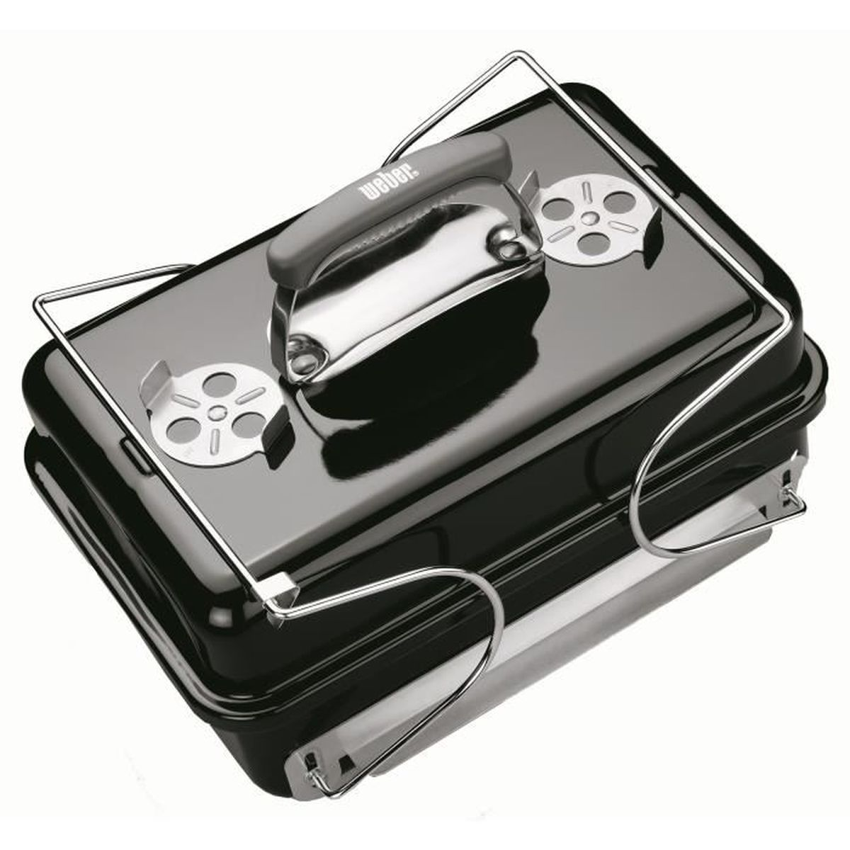 Schwarzer Weber-Grill. Er ist klein, tragbar und hat einen Griff und Belüftungsöffnungen.