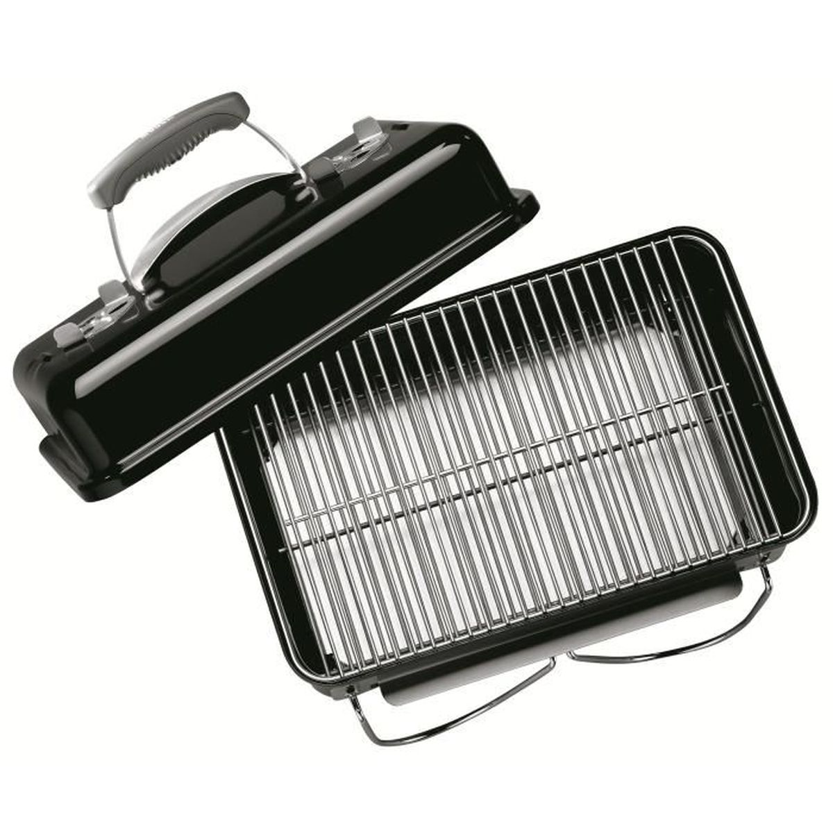 Schwarzer tragbarer Grill, Deckel geöffnet, mit Grillrost. Weißer Hintergrund.