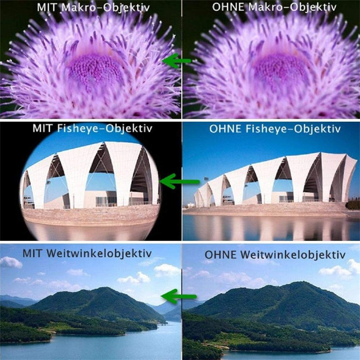 Vergleich von Fotos mit und ohne Makro-, Fisheye- und Weitwinkelobjektiven für die Fotografie.