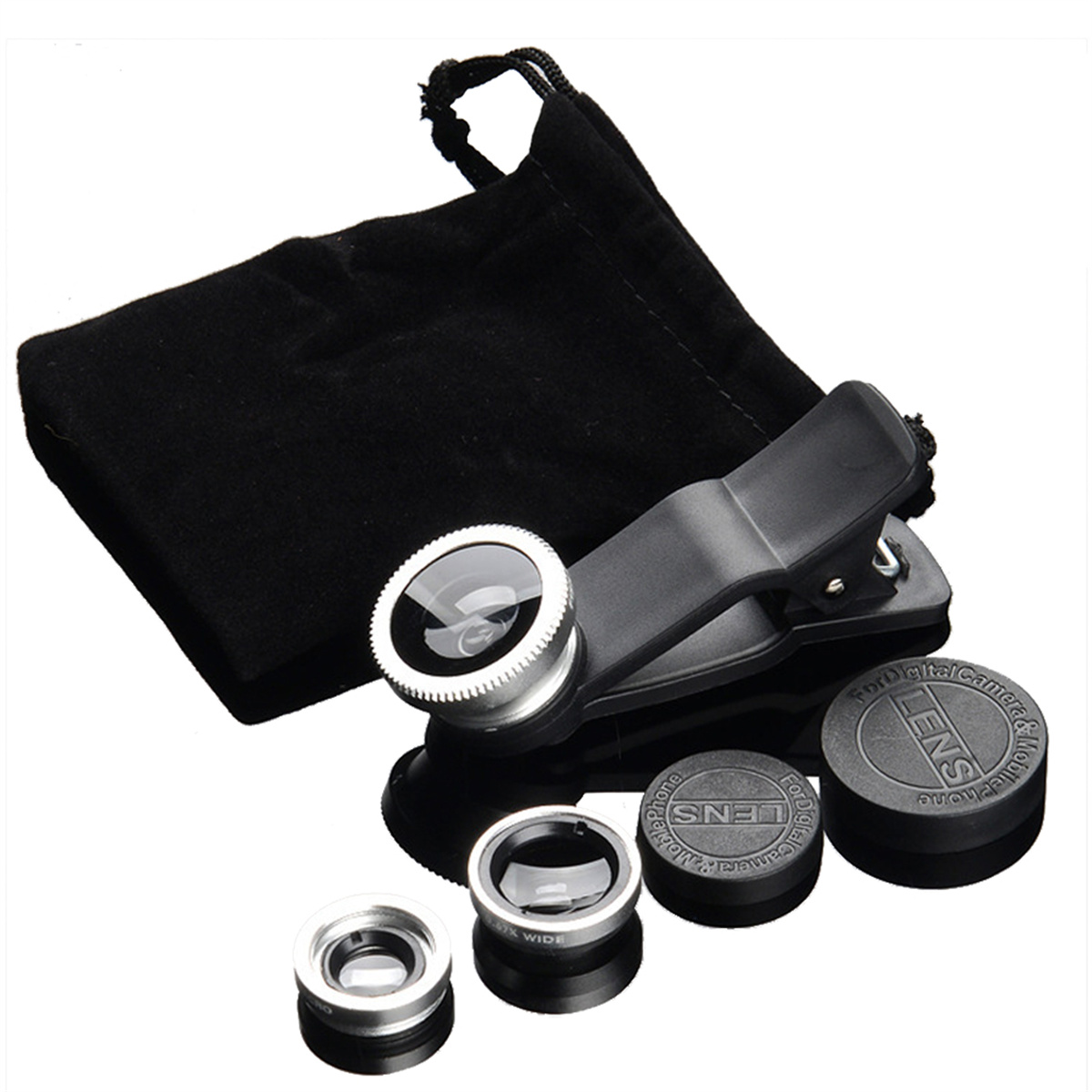 Linsen-Set, schwarzer Clip und schwarze Tasche.