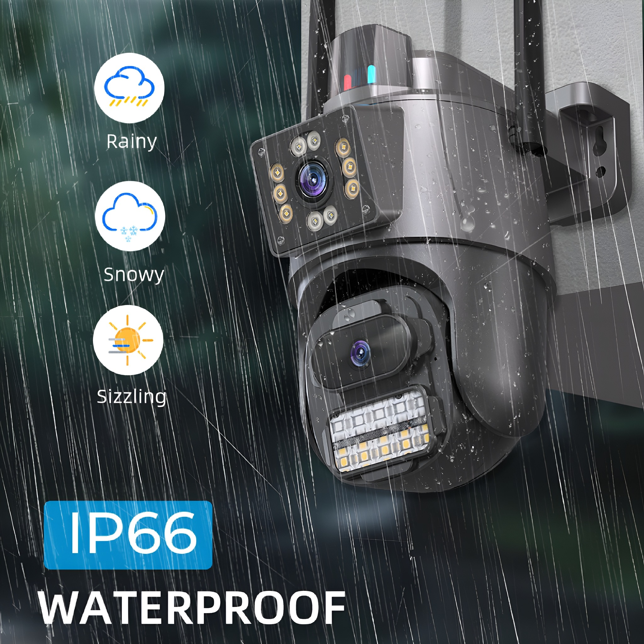 Schwarze wasserdichte Überwachungskamera mit Textüberlagerungen: Rainy, Snowy, Sizzling und IP66 Waterproof.