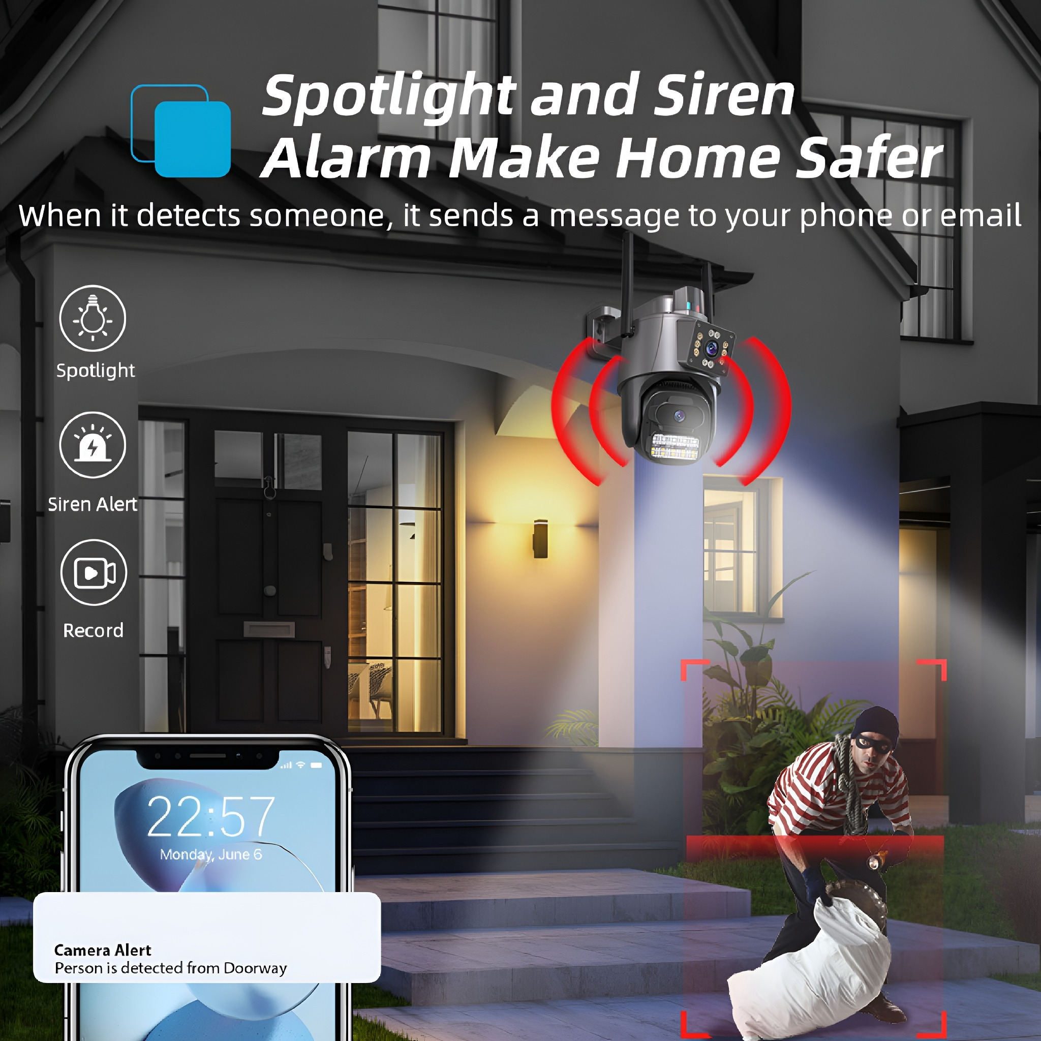 Eine Überwachungskamera ist an einem Haus montiert. Ein Einbrecher versucht zu stehlen. Ein Telefon zeigt einen Kameraalarm an.