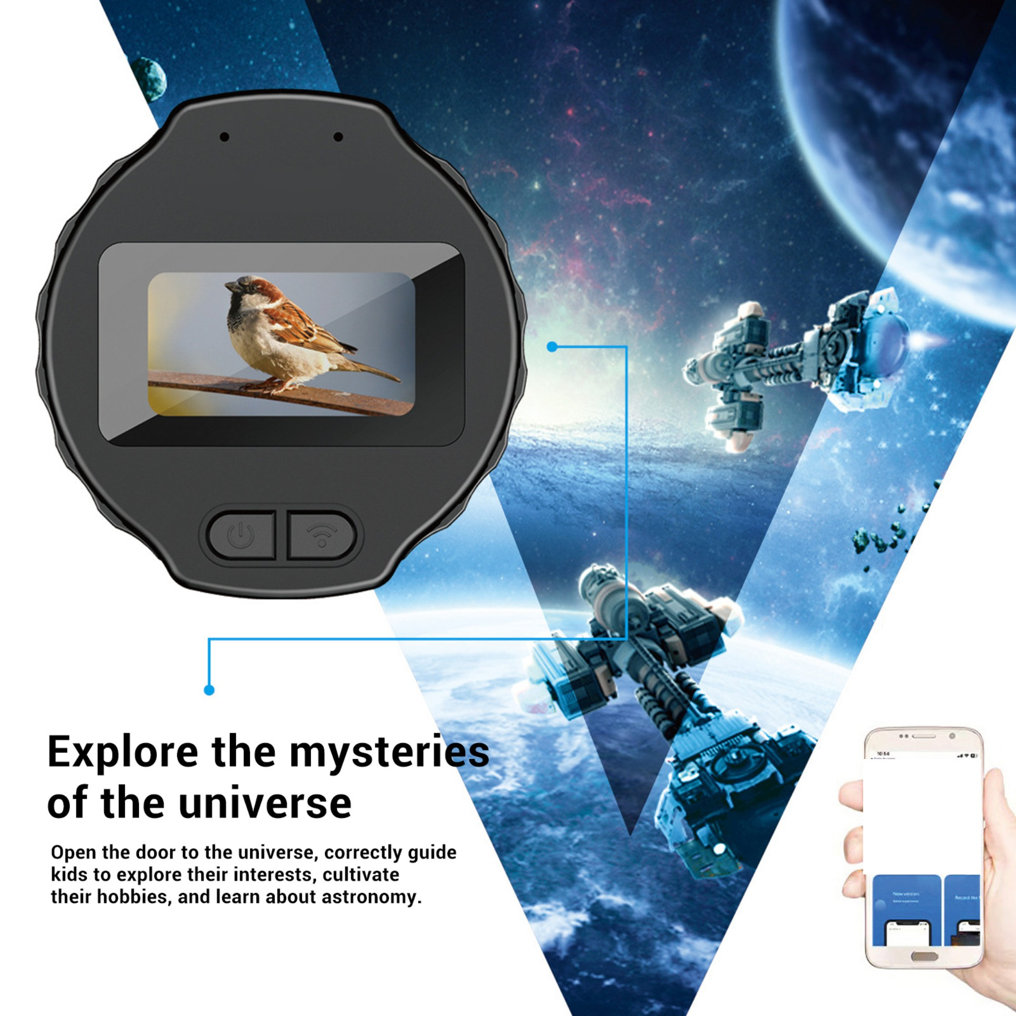 Ein Gerät zeigt einen Vogel vor Weltraumhintergrund. Eine Hand hält ein Telefon mit ähnlicher Oberfläche.