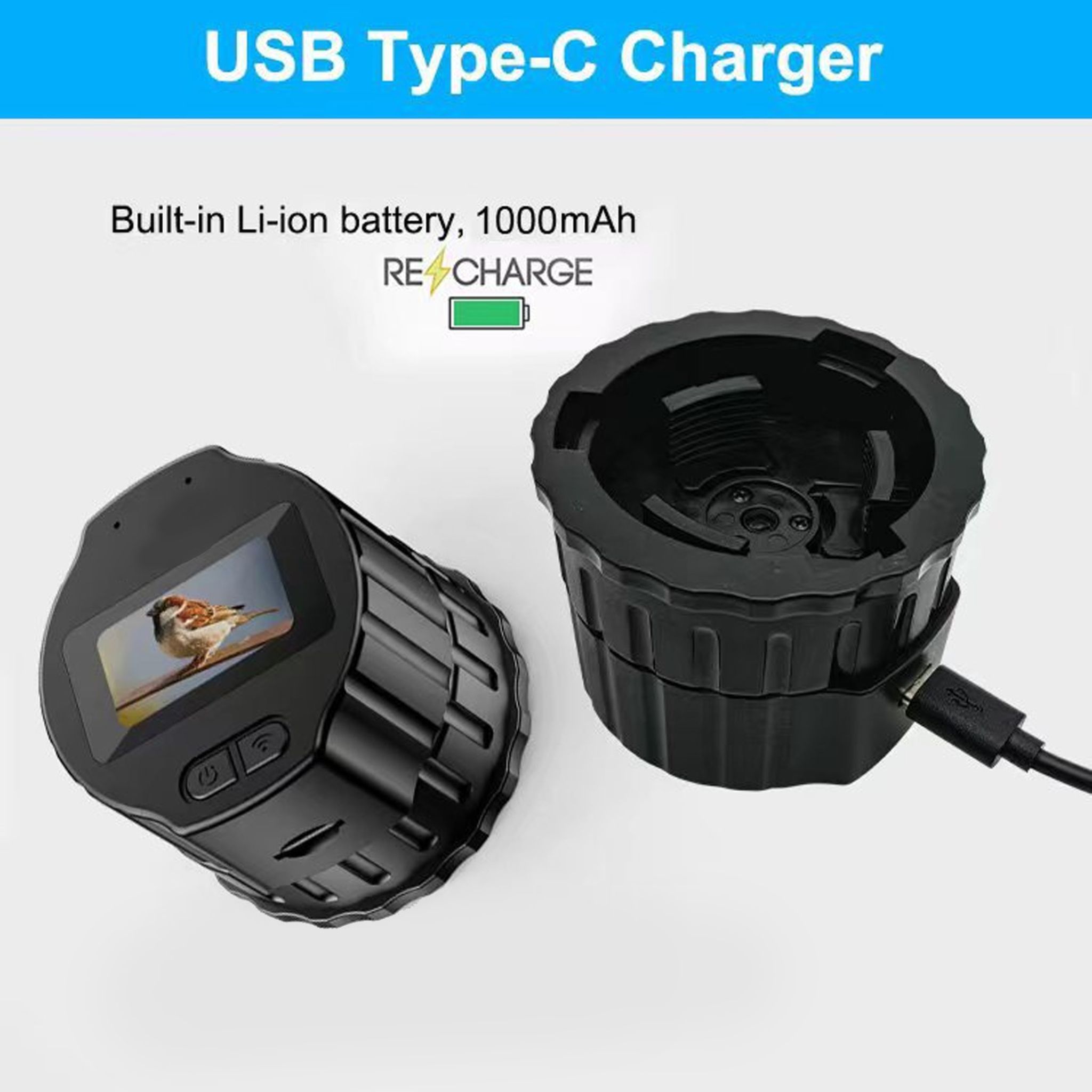 Zwei schwarze Ladegeräte mit USB Typ-C-Anschluss. Eines zeigt einen Ein-/Ausschalter und eine Ladeanzeige.