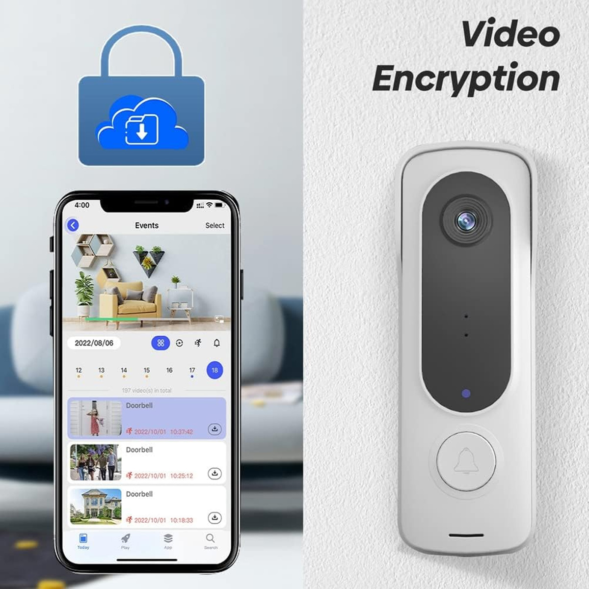 Smarte Türklingel mit Telefonbildschirm, der Video zeigt. Videoverschlüsselung steht oben.