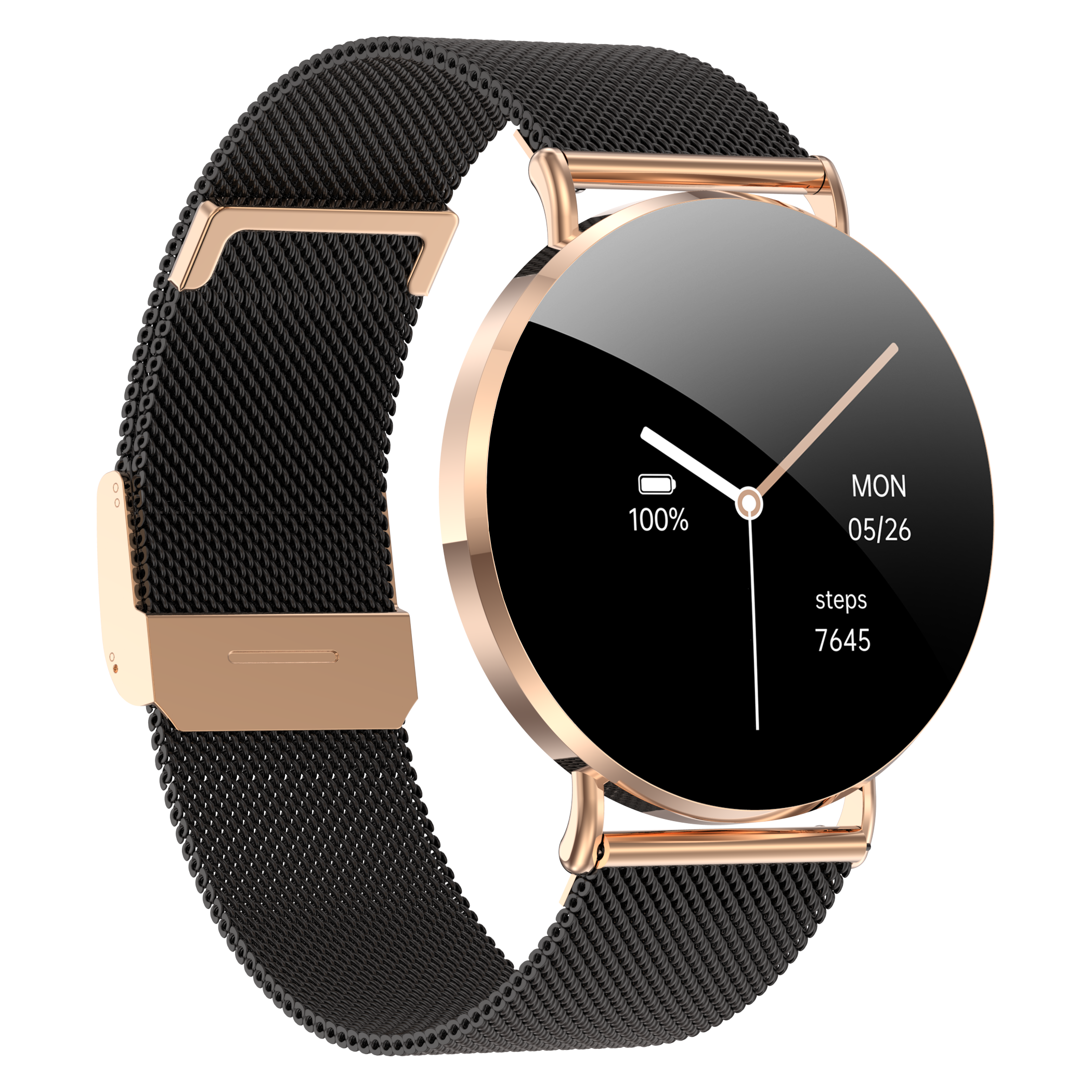 Smartwatch mit schwarzem Mesh-Armband und rundem Bildschirm, der Zeit, Akku und Schritte anzeigt.