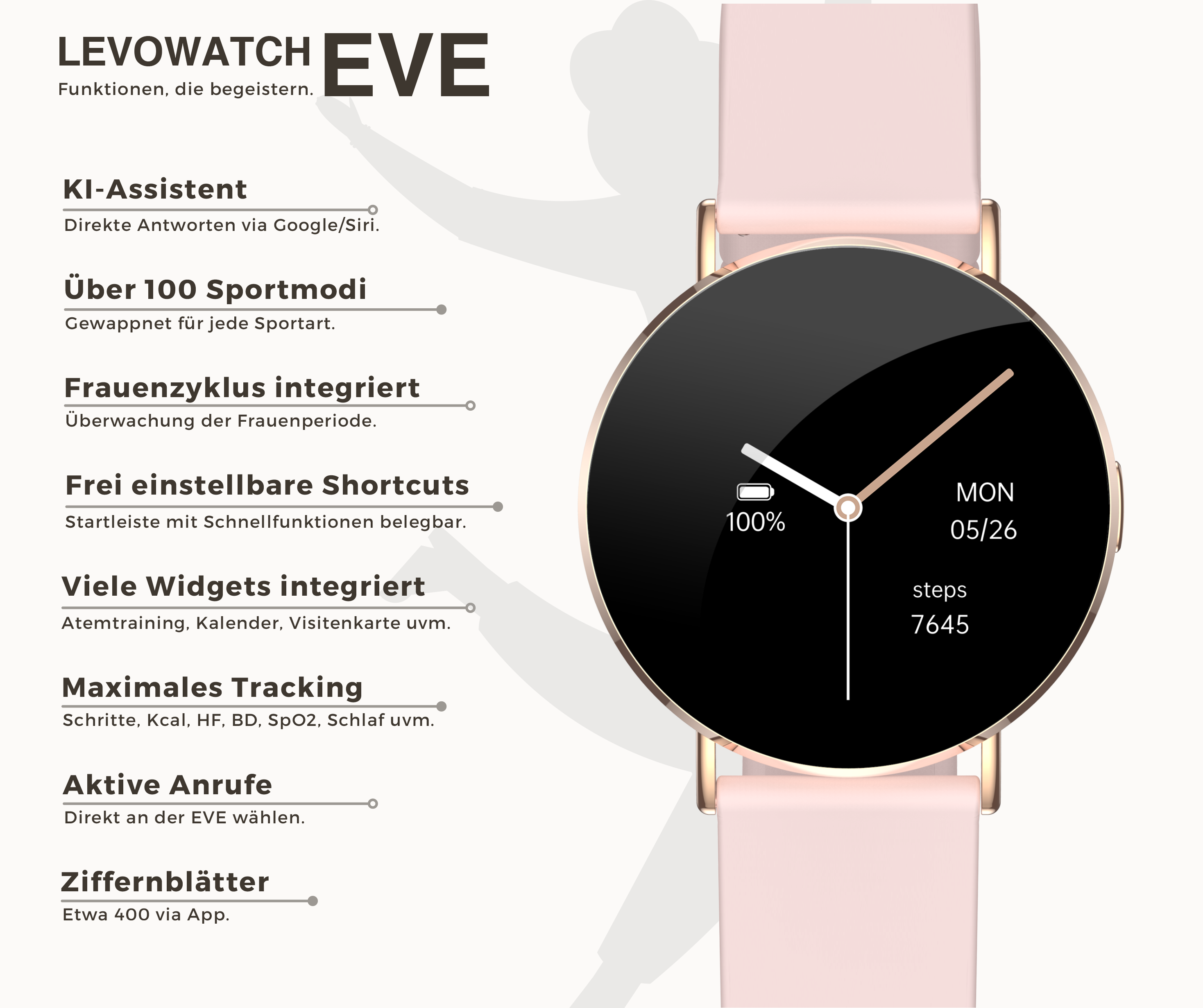 Eine pinke Smartwatch mit Zeitanzeige. Es hat ein pinkes Armband und einen dunklen Bildschirm.