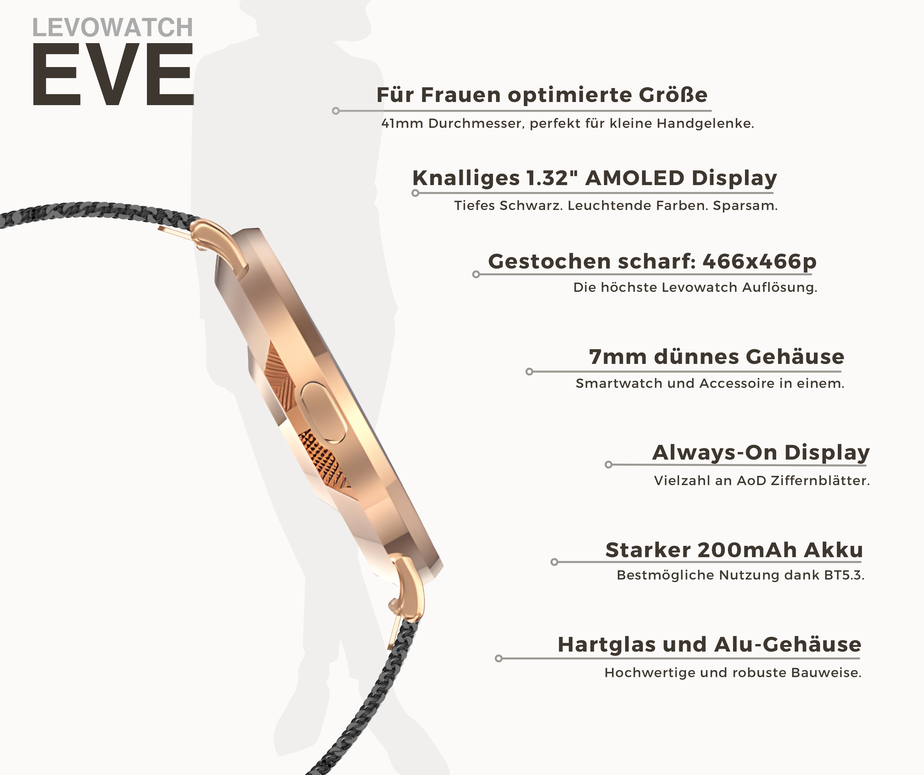 Roségoldene Smartwatch mit schwarzem Armband, Seitenansicht, mit Text, der ihre Funktionen hervorhebt.