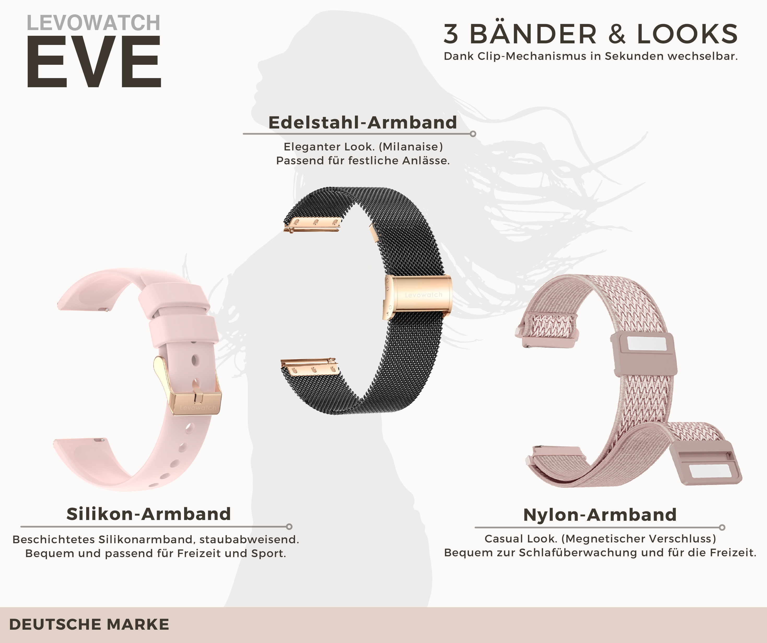 Drei Uhrenarmbänder: pinkes Silikon, schwarzes Metall und roségoldenes Nylon mit Beschreibungen.