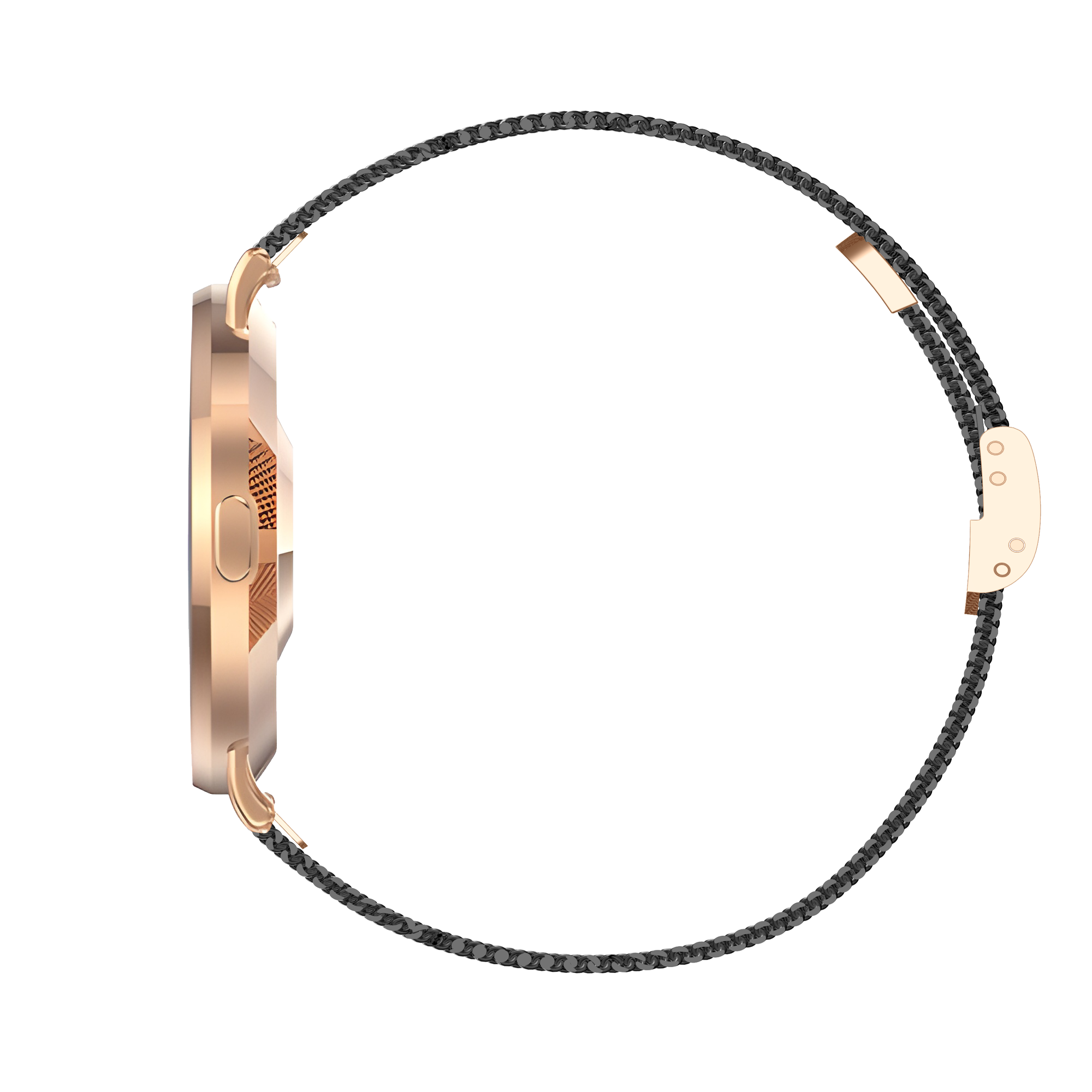 Roségoldene Smartwatch. Das Armband ist schwarz. Seitenansicht. Schwarzer Hintergrund.