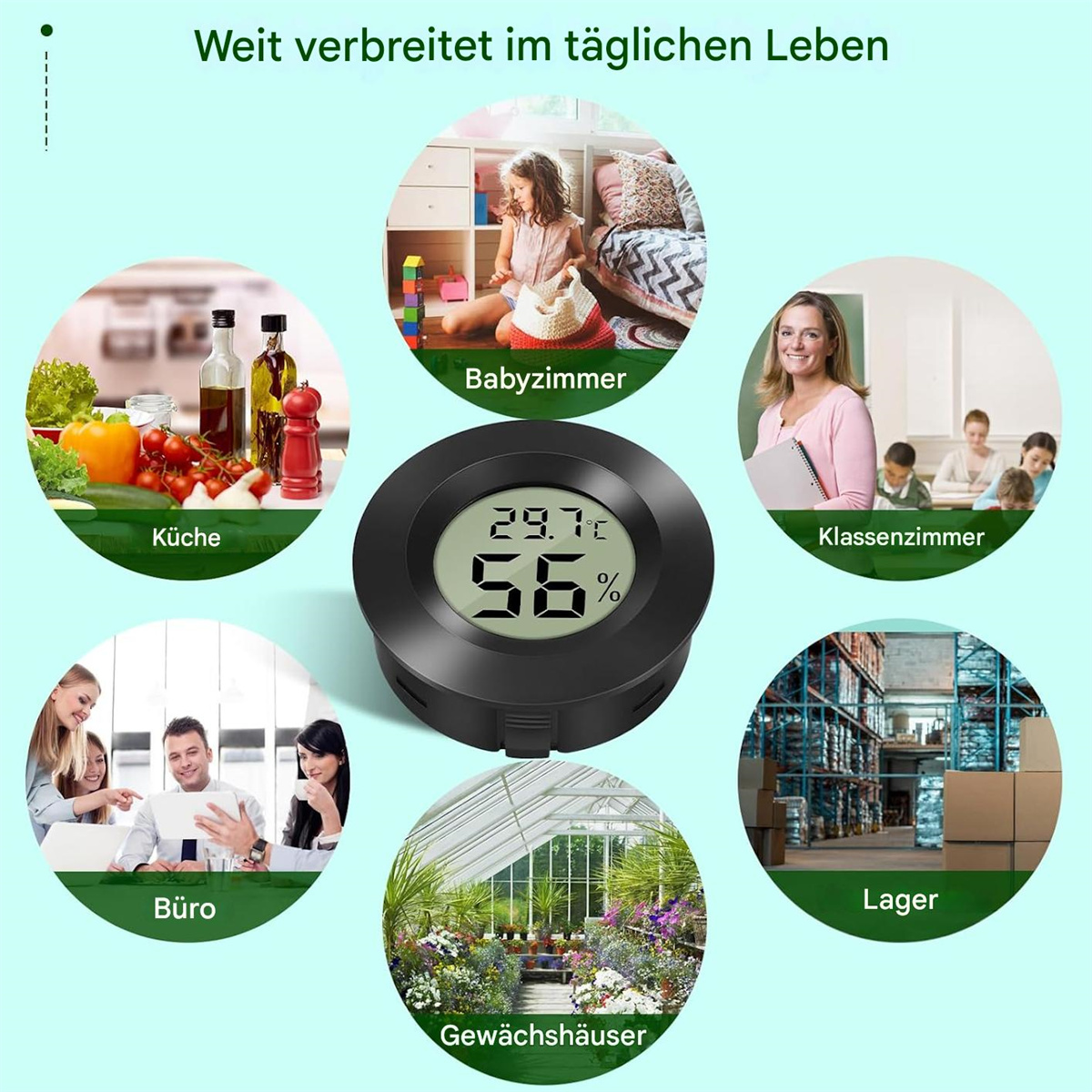 Digitales Thermometer mit Feuchtigkeitsanzeige, umgeben von Szenen des Alltags.