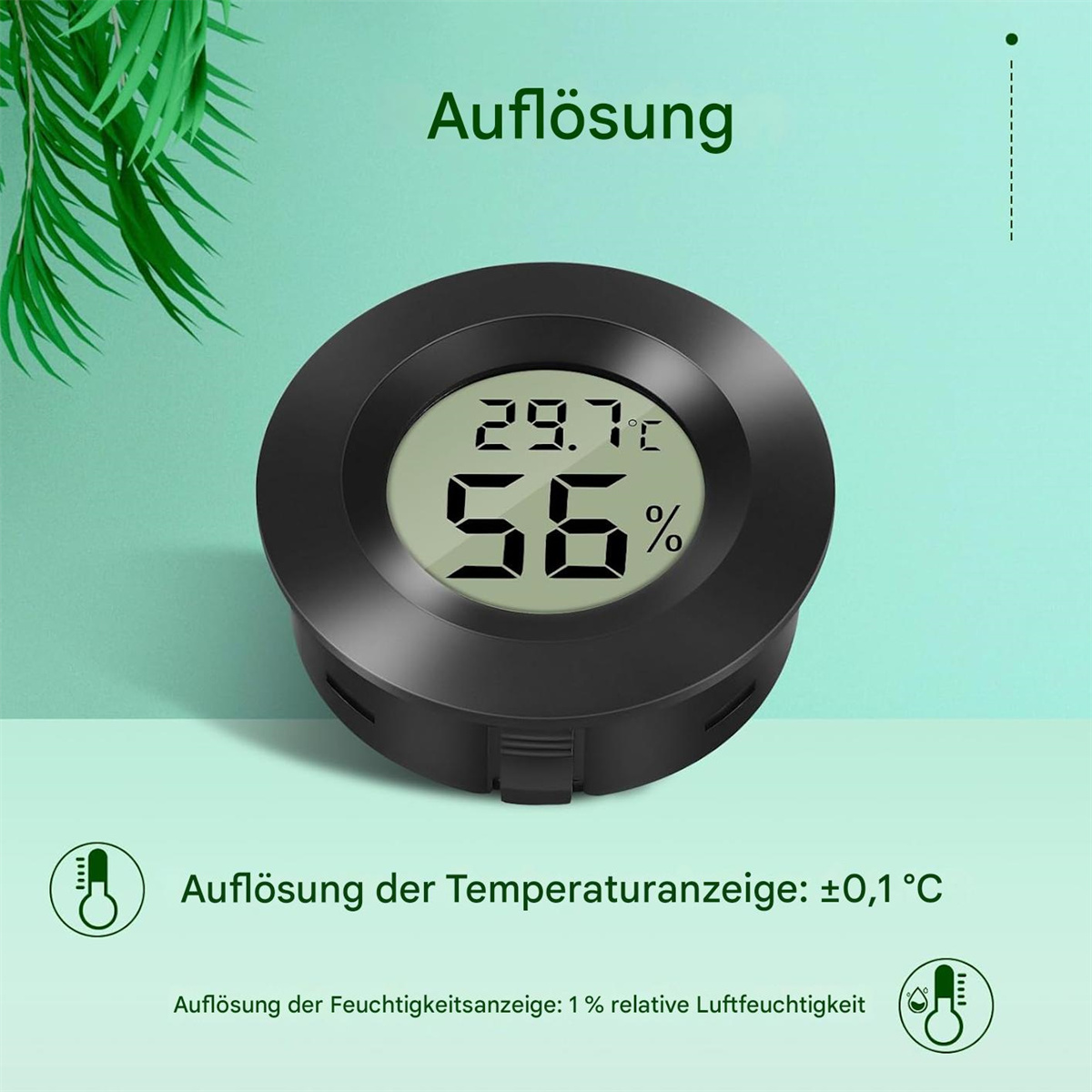 Schwarzes Digitalthermometer mit Anzeige von Temperatur und Luftfeuchtigkeit, weißer Hintergrund.