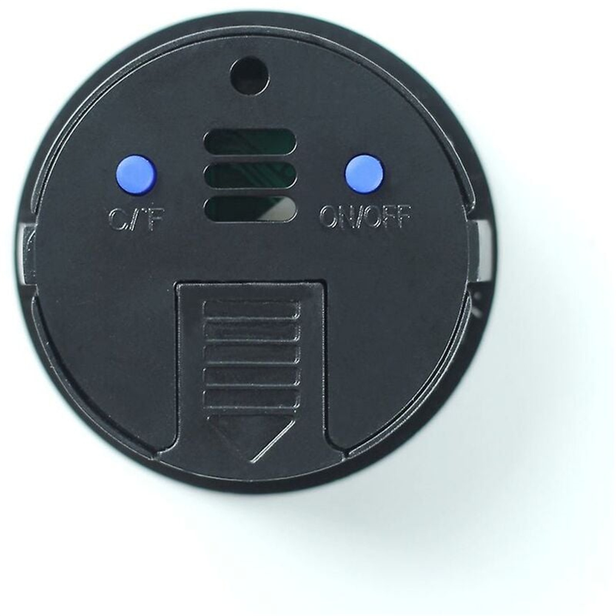 Ein schwarzes, rundes Gerät mit zwei blauen Knöpfen, beschriftet mit C/F und ON/OFF, auf weißem Hintergrund.