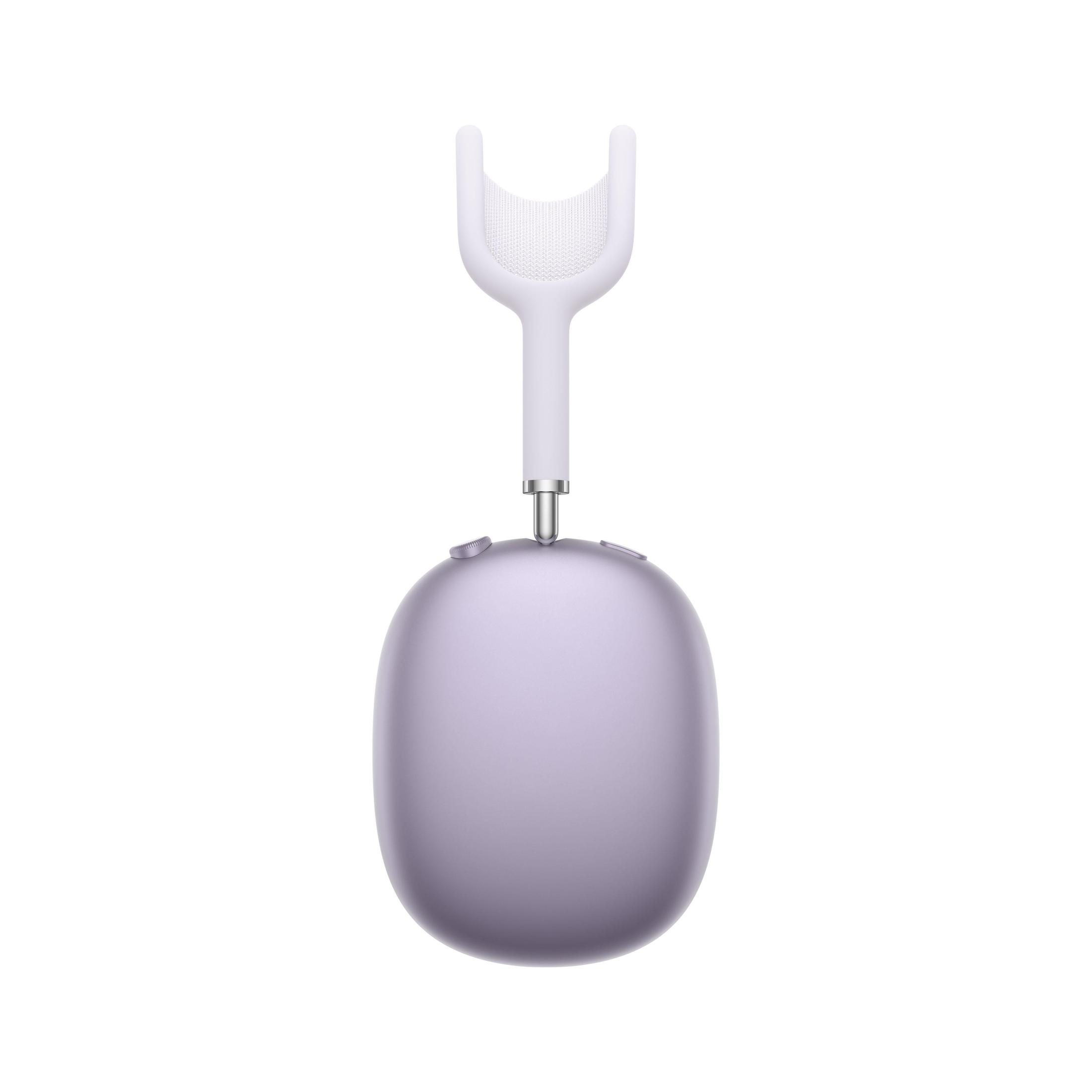 Ein Paar Apple AirPods Max Kopfhörer in einem grauen Case. Die Kopfhörer sind lila.