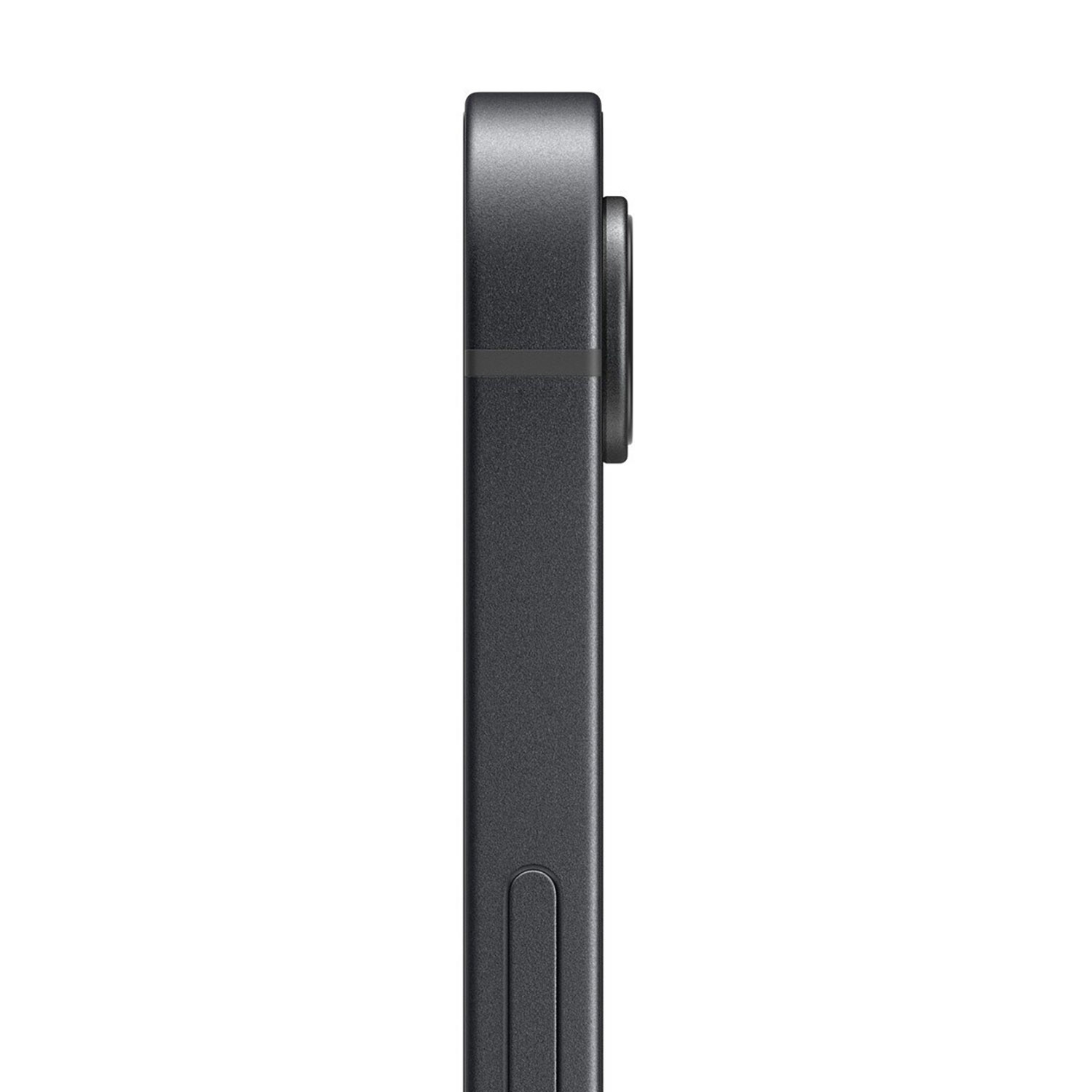 Vue latérale d'un smartphone gris foncé. Bosse de caméra visible. Fond blanc.