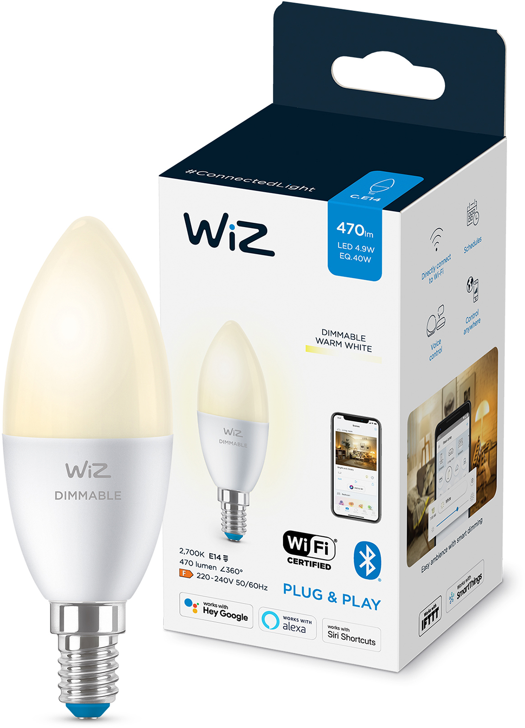 Żarówka LED WiZ, obok pudełka, prezentująca funkcje, takie jak Wi-Fi i ściemnianie.