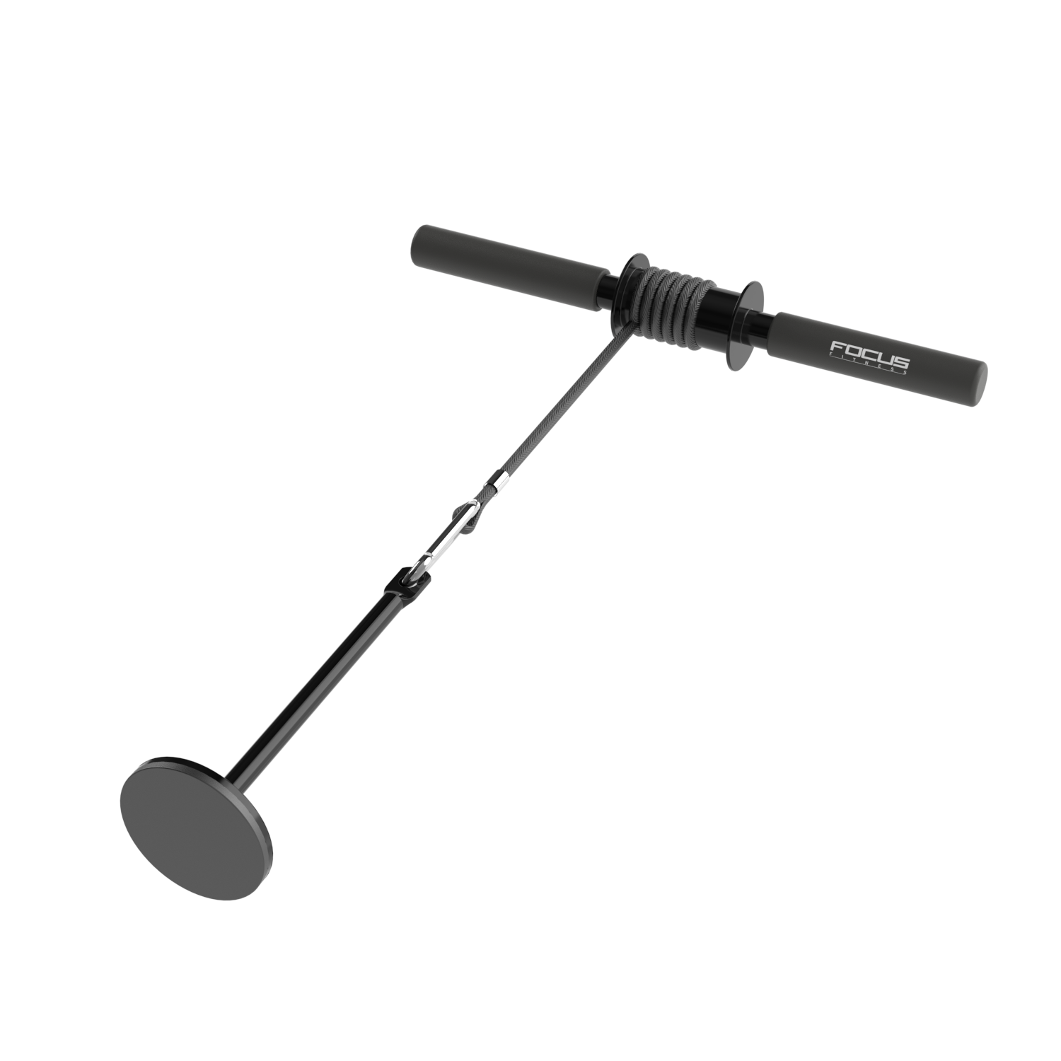 Équipement de gym noir. Une barre avec des poids et une sangle pour les exercices sont montrés. Le logo Focus Fitness est visible.