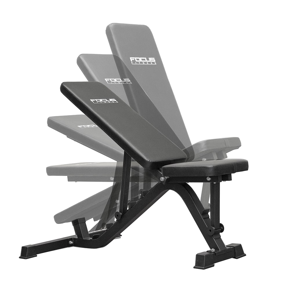Adjustable black and grey weight bench. Several angles shown against a white background.
