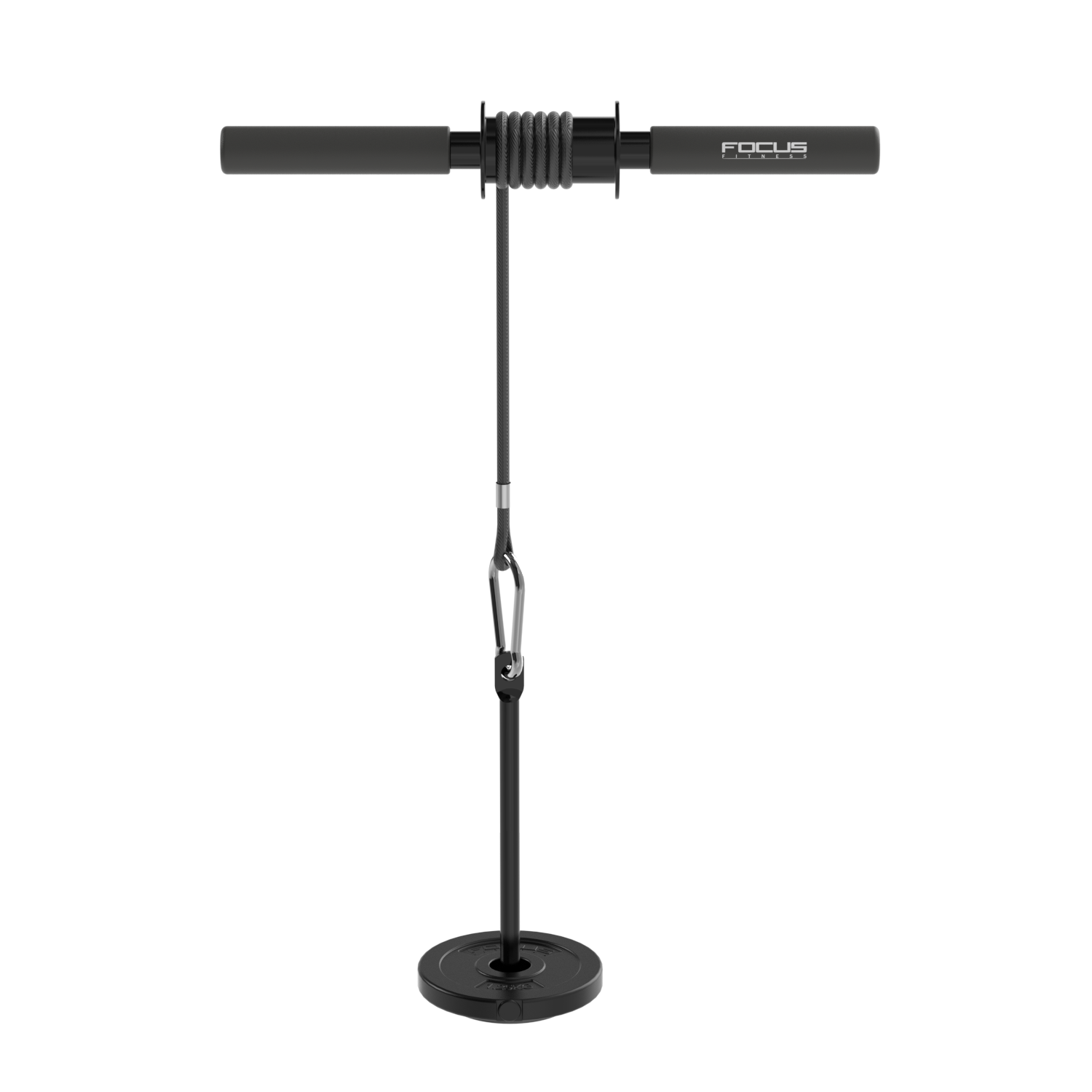 Composant de machine à poids. Noir avec barre, plaque métallique et clip, sur fond blanc.