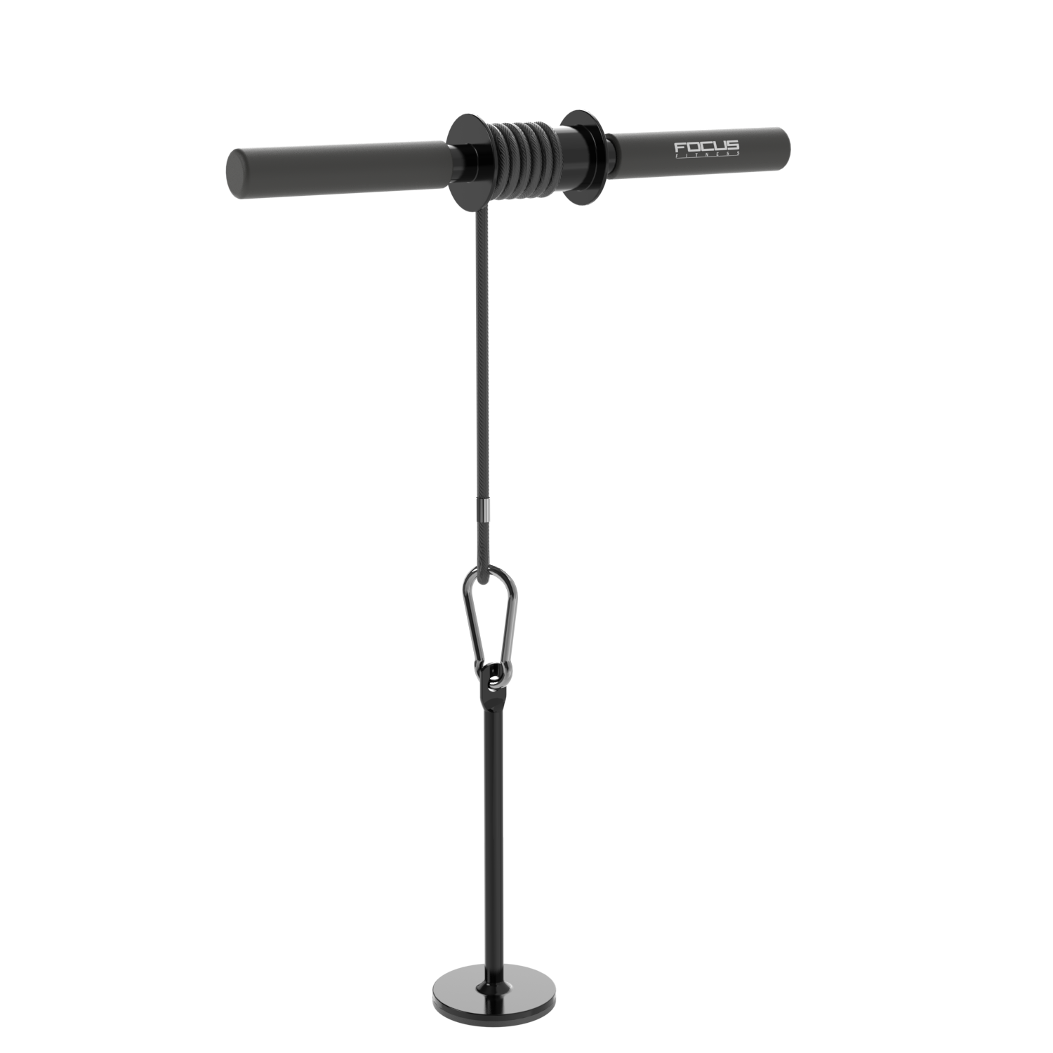 Attache de rameur en T FOCUS Fitness noir, avec poignée et base, sur fond blanc.