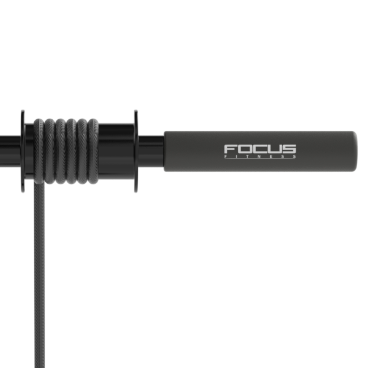 Un câble noir avec une poignée noire, étiqueté FOCUS FITNESS, sur fond blanc.
