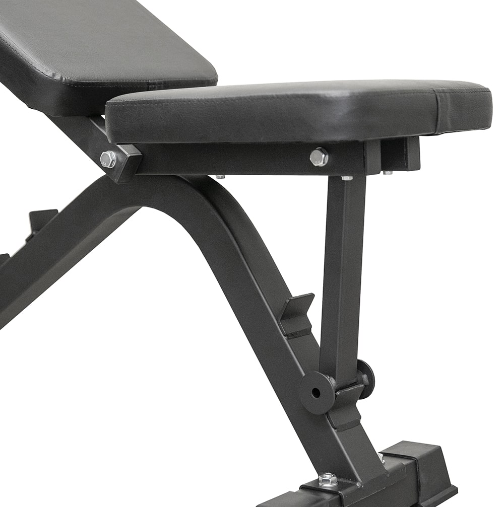 A black weight bench. It has a black seat and back support. The bench is on a white background.