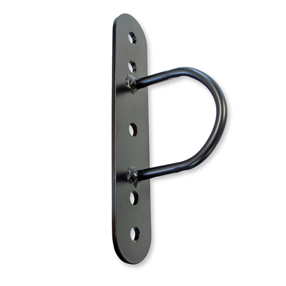 Support métallique noir avec une boucle incurvée, quatre trous de montage.