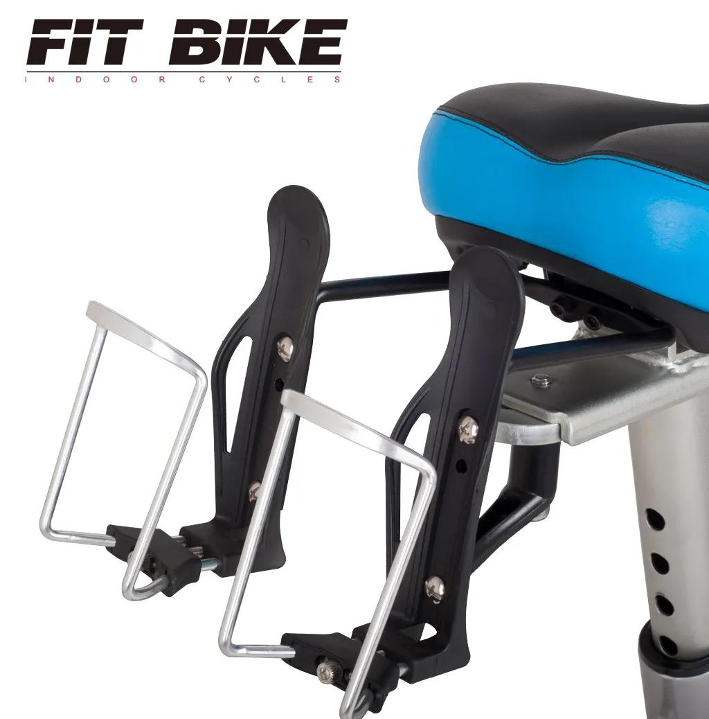 Fit Bike with two water bottle holders. A blue and black seat is visible. The background is white.